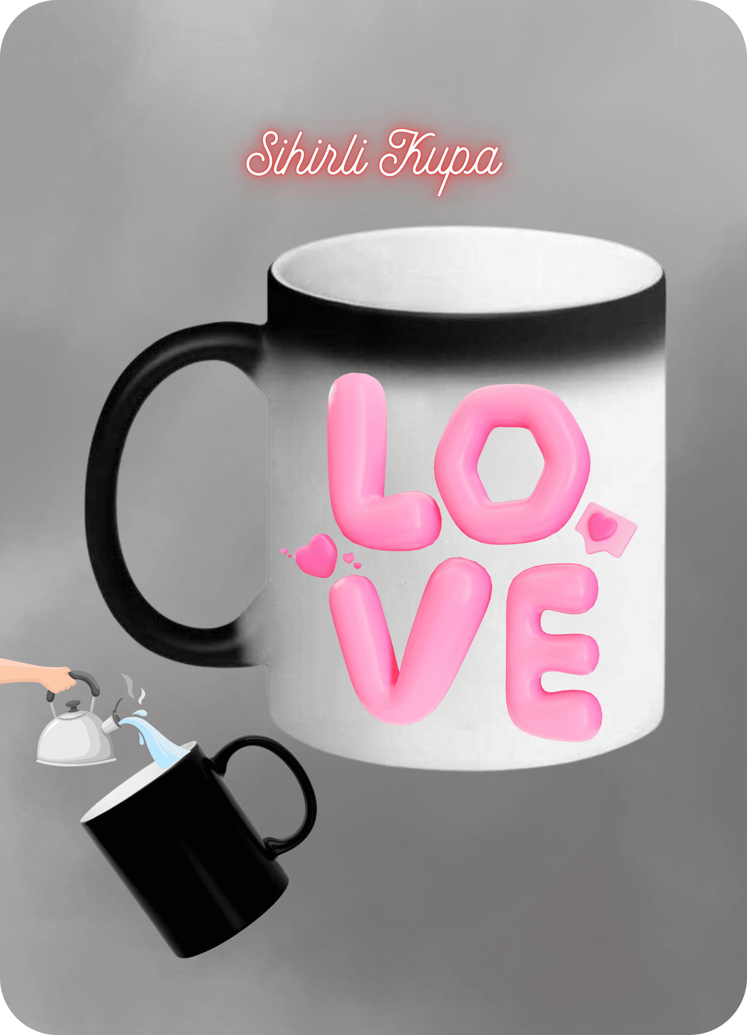 Love Yazılı Buble 3D Baskılı Sihirli Kupa Bardak Çay Kahve Fincanı