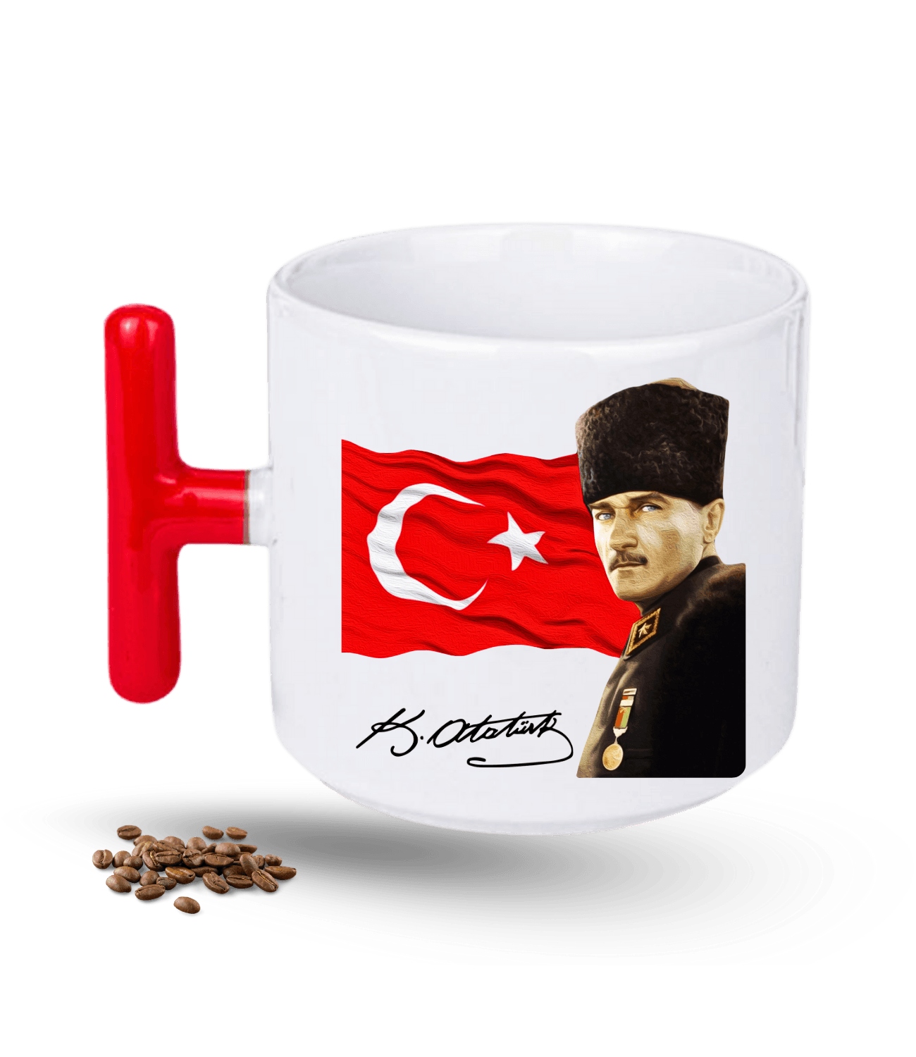 Atatürk İmza Temalı Bayrak Baskılı T Saplı Porselen Kupa Bardak