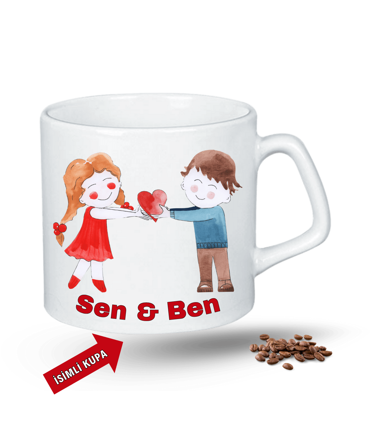 Aşk Temalı Sen ve Ben İsimli Kupa Kalpli Baskılı Porselen Afilli Kupa Bardak-2