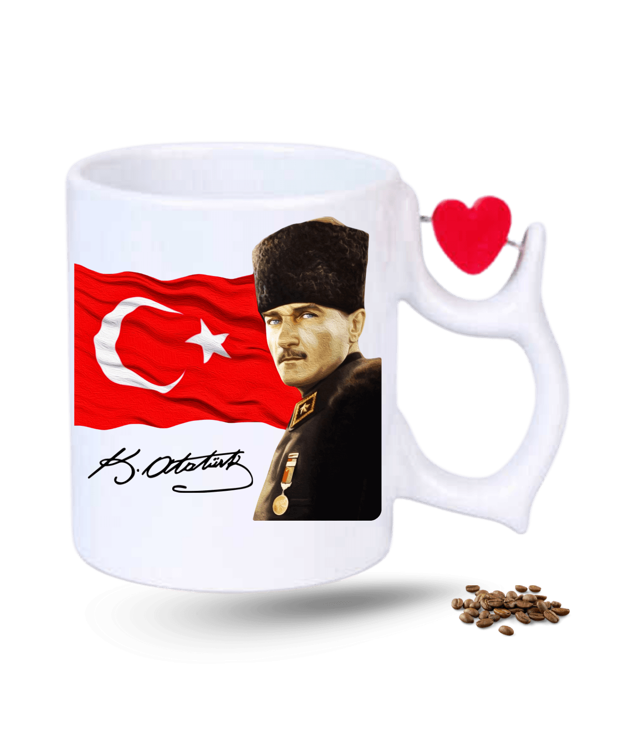 Atatürk İmza Temalı Bayrak Baskılı Porselen Dönen Kalp Figürlü Kupa Bardak