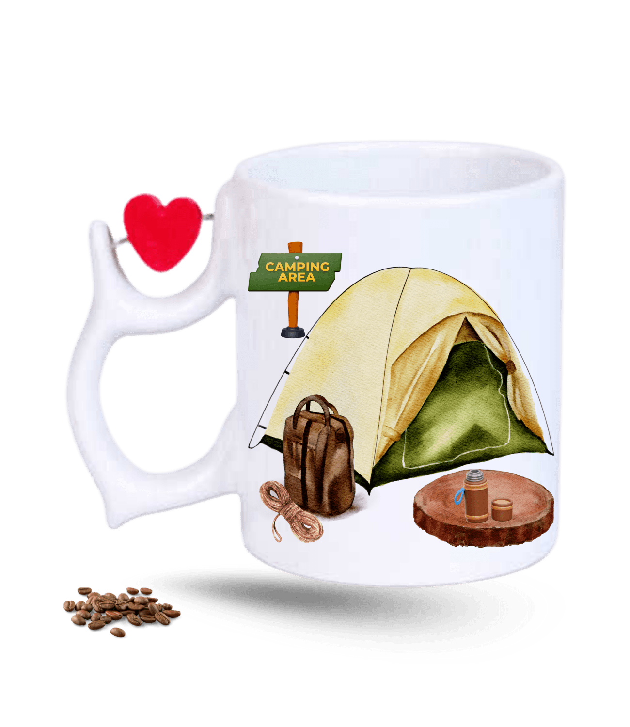 Camping Temalı Kamp Çadırı Baskılı Porselen Dönen Kalp Figürlü Kupa Bardak