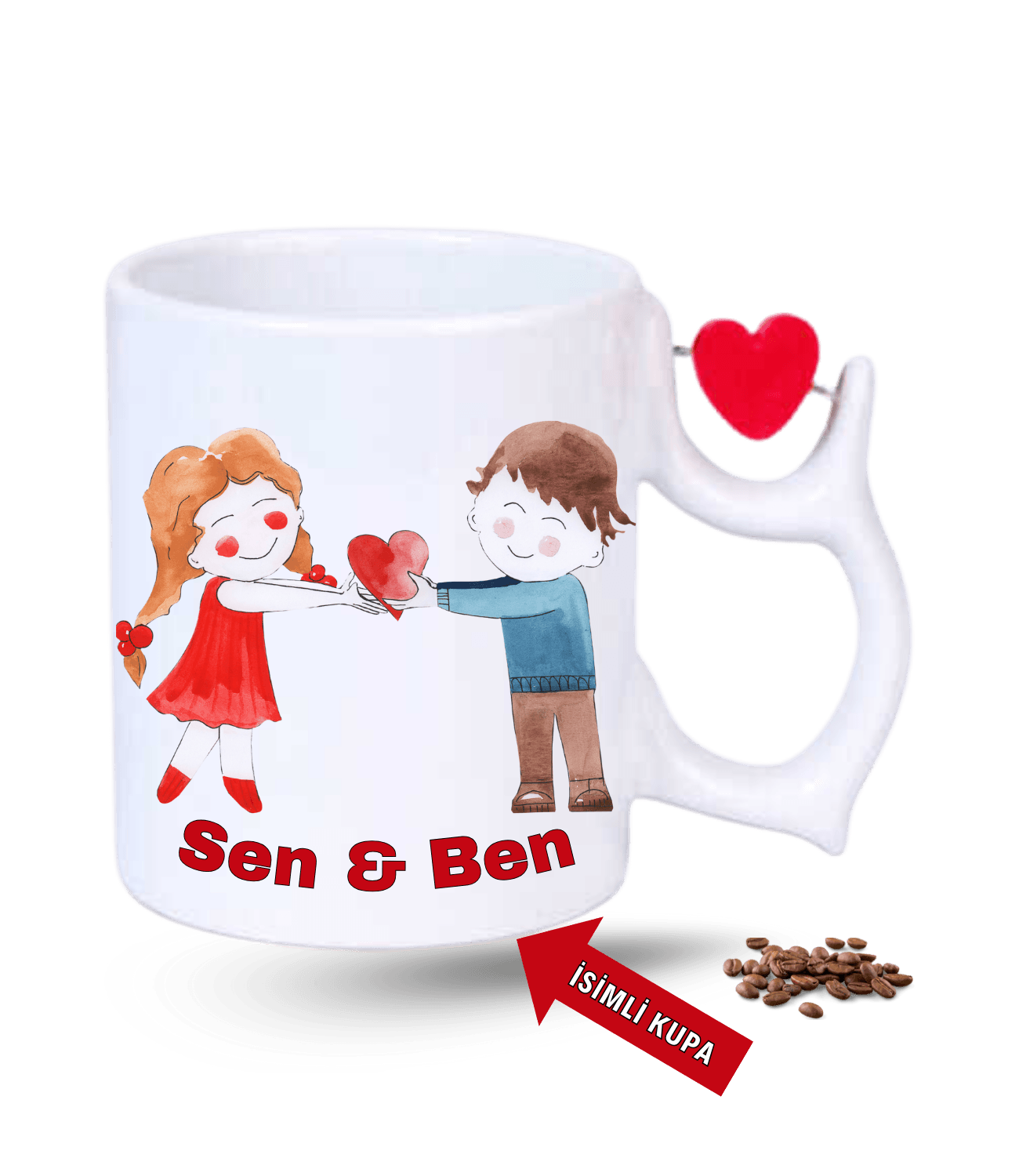 Aşk Temalı Sen ve Ben İsimli Kupa Kalpli Baskılı Porselen Dönen Kalp Figürlü Kupa Bardak-2