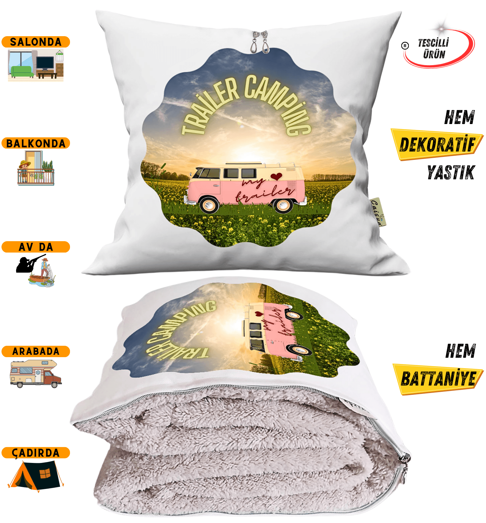 Camping Karavan Baskılı Tv Battaniyeli Opsiyonel Dekoratif Yastık Kırlent 2 in 1 Battaniye