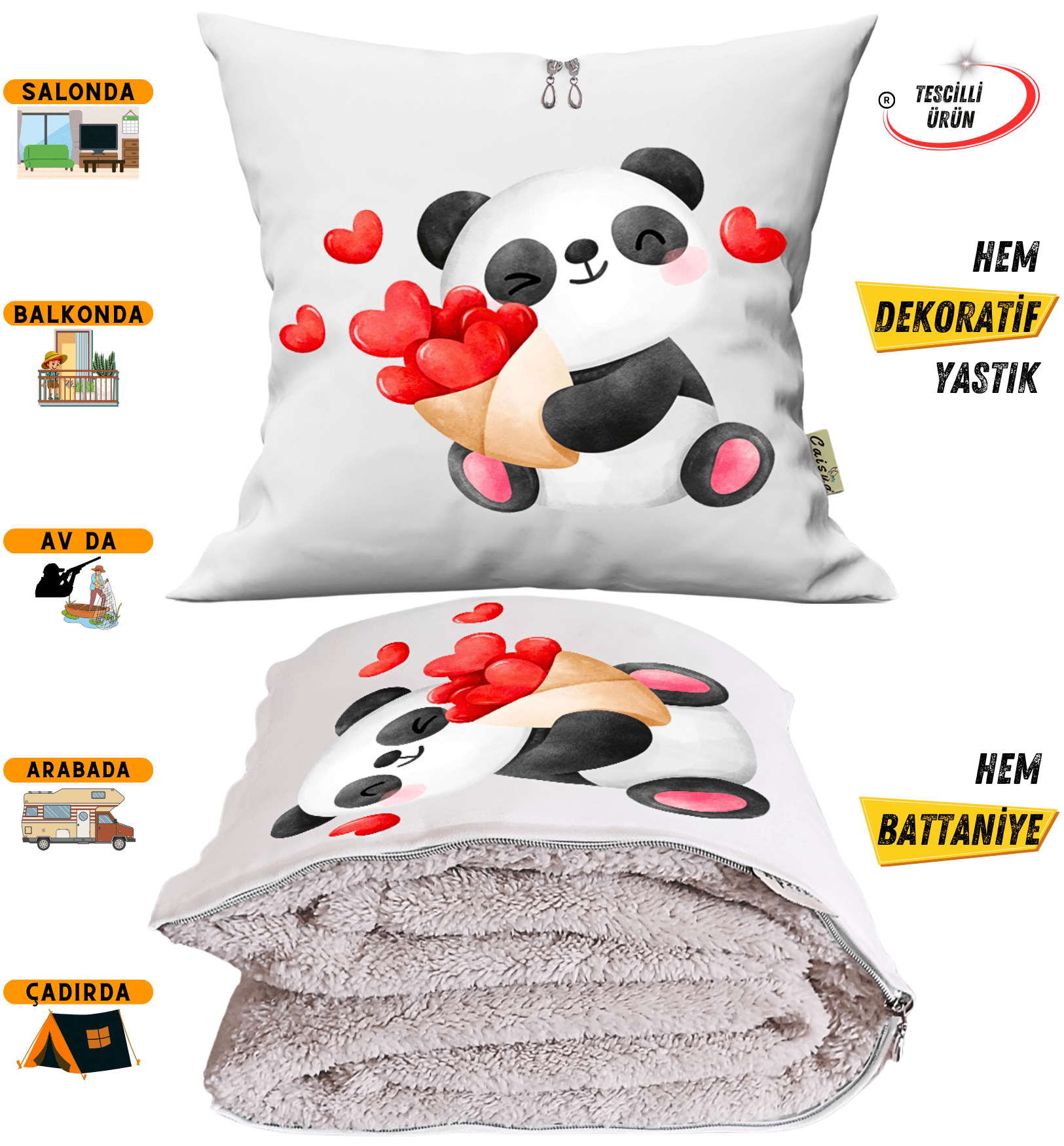 Romantik Panda Baskılı Tv Battaniyeli Opsiyonel Dekoratif Yastık Kırlent 2 in 1 Battaniye