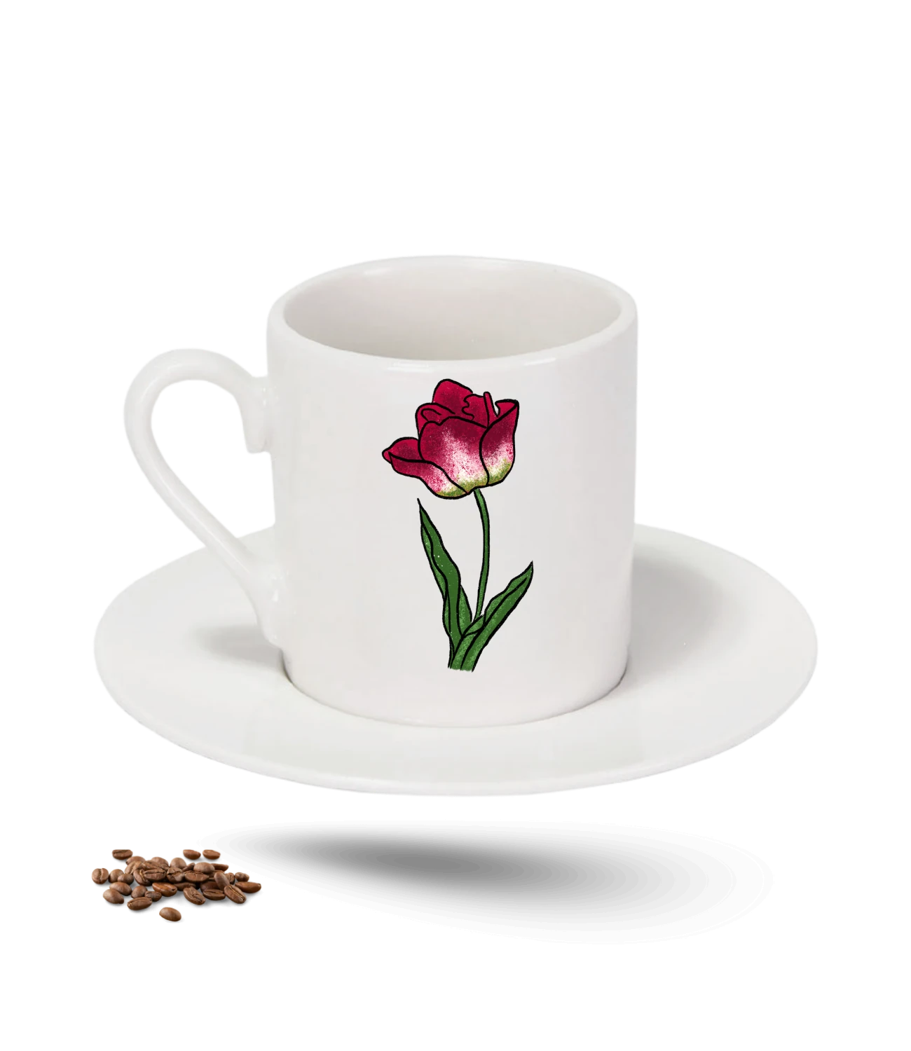Sevgi Temalı Kırmızı Lale Çiçek Baskılı Porselen Türk Kahvesi Fincanı Tekli