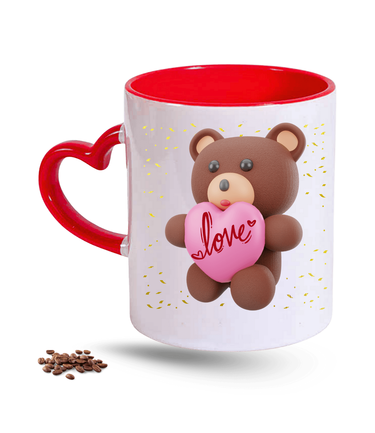 Aşk Temalı Love Ayıcık Baskılı Kırmızı Kalpli Porselen Kupa Bardak
