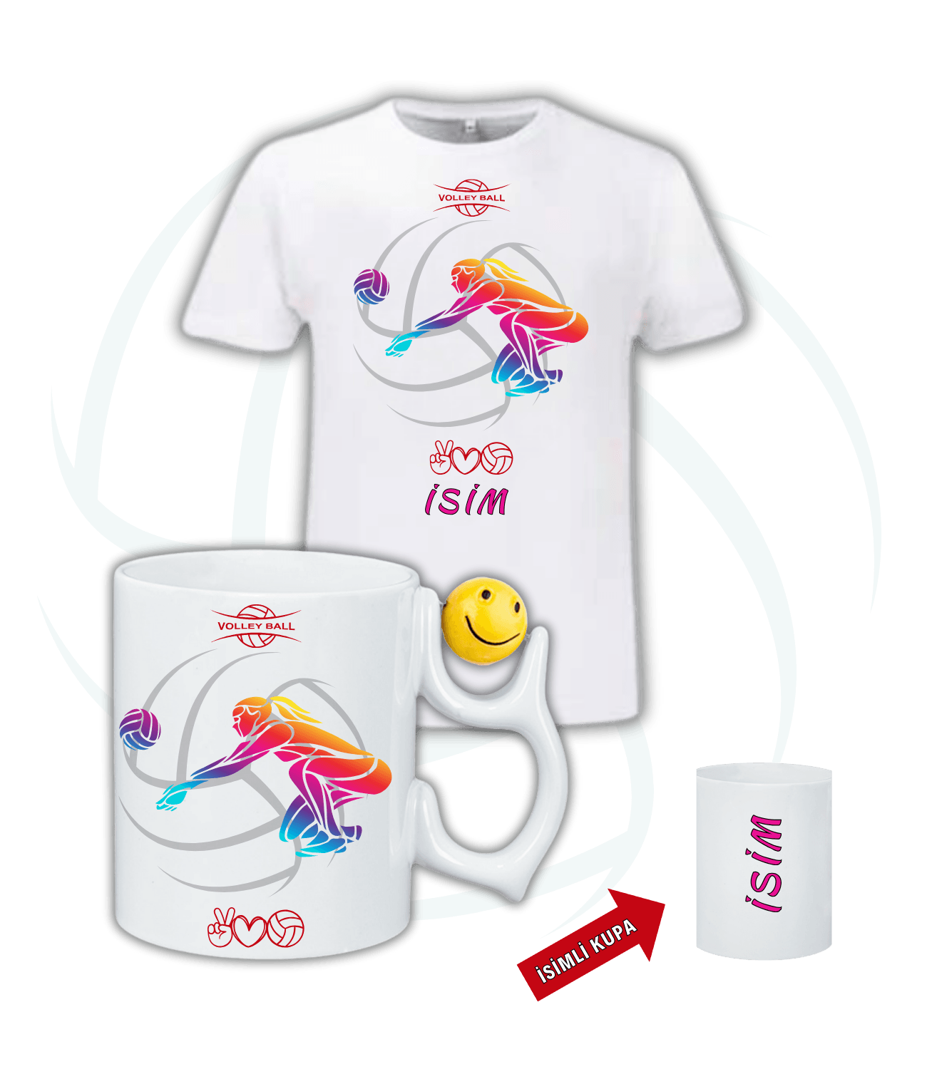 Voleybol Pasör Kadın Oyuncu Libero Baskı Emoji Kupa + Baskılı Pamuklu Tişört Kombin
