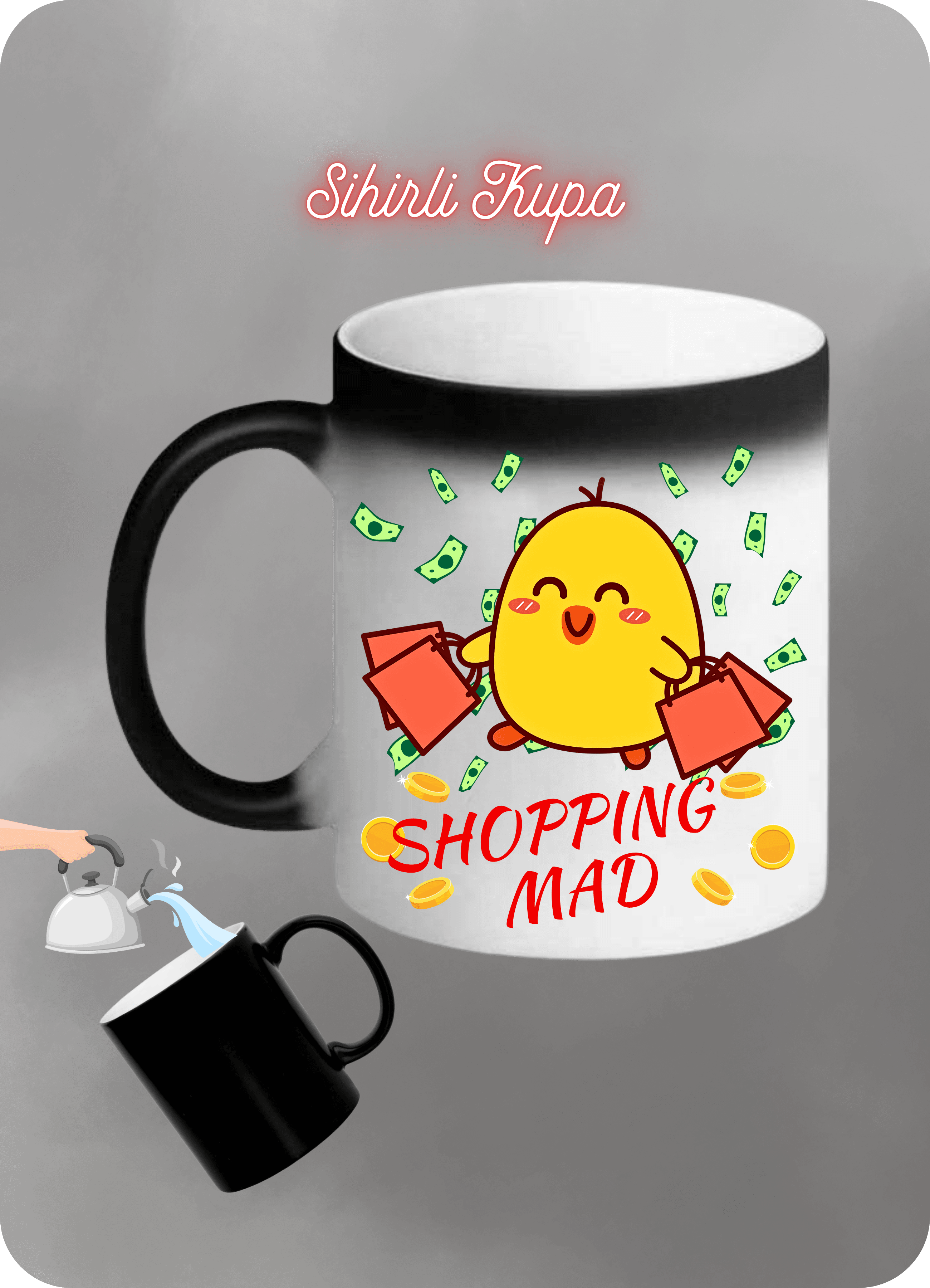 Sarı CivCivler Shopping Bad Baskılı Sihirli Kupa Bardak Çay Kahve Fincanı