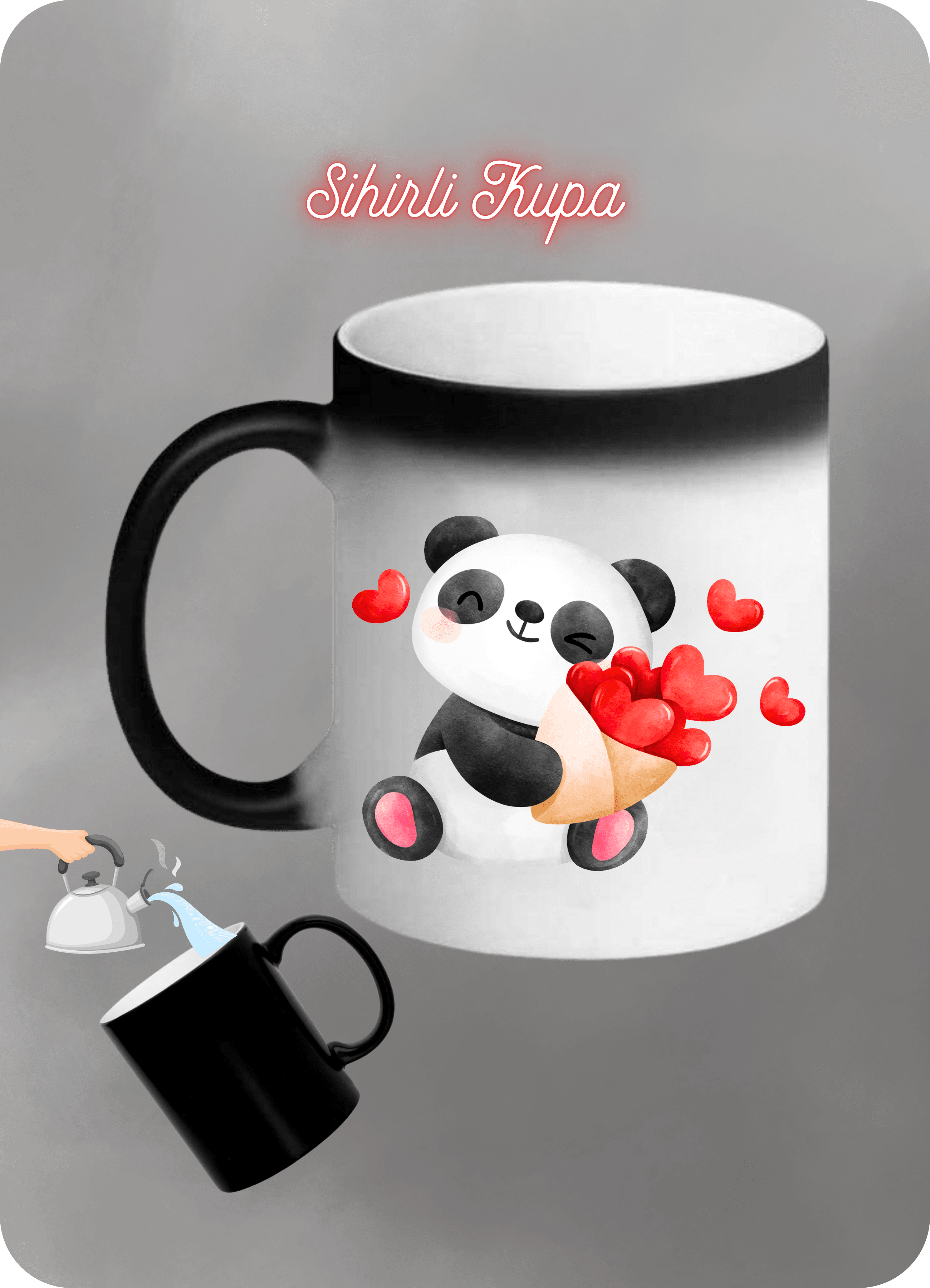 Sevimli Panda Kalpli Baskılı Sihirli Kupa Bardak Çay Kahve Fincanı
