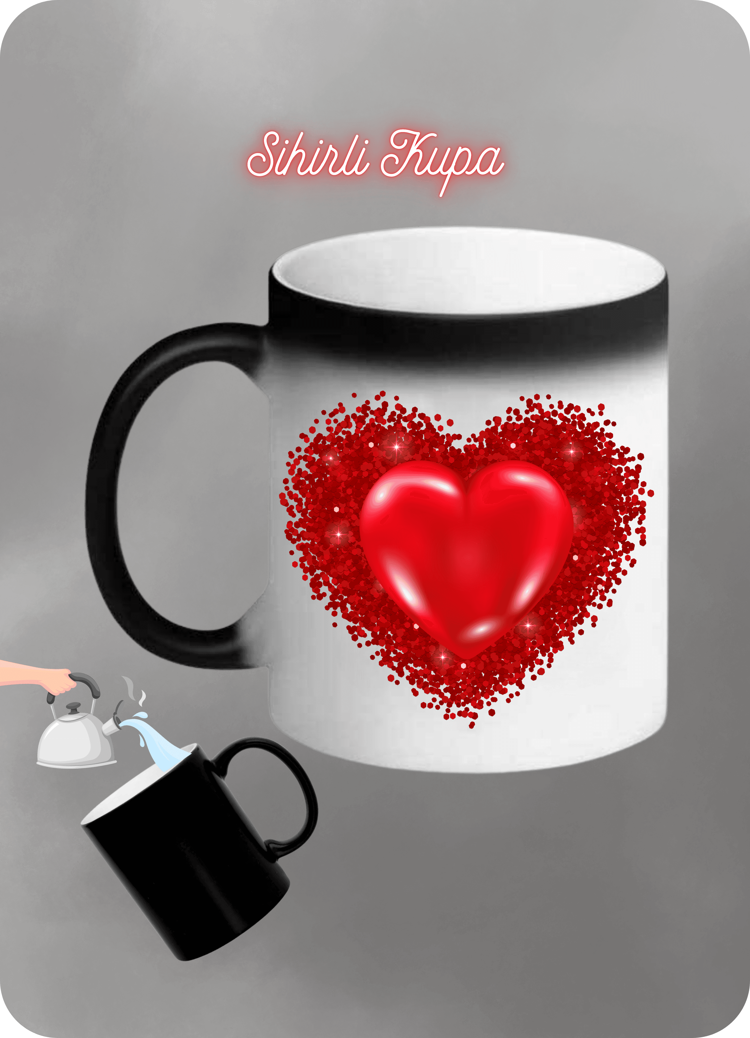 Kırmızı Kalp Baskılı Sihirli Kupa Bardak Çay Kahve Fincanı