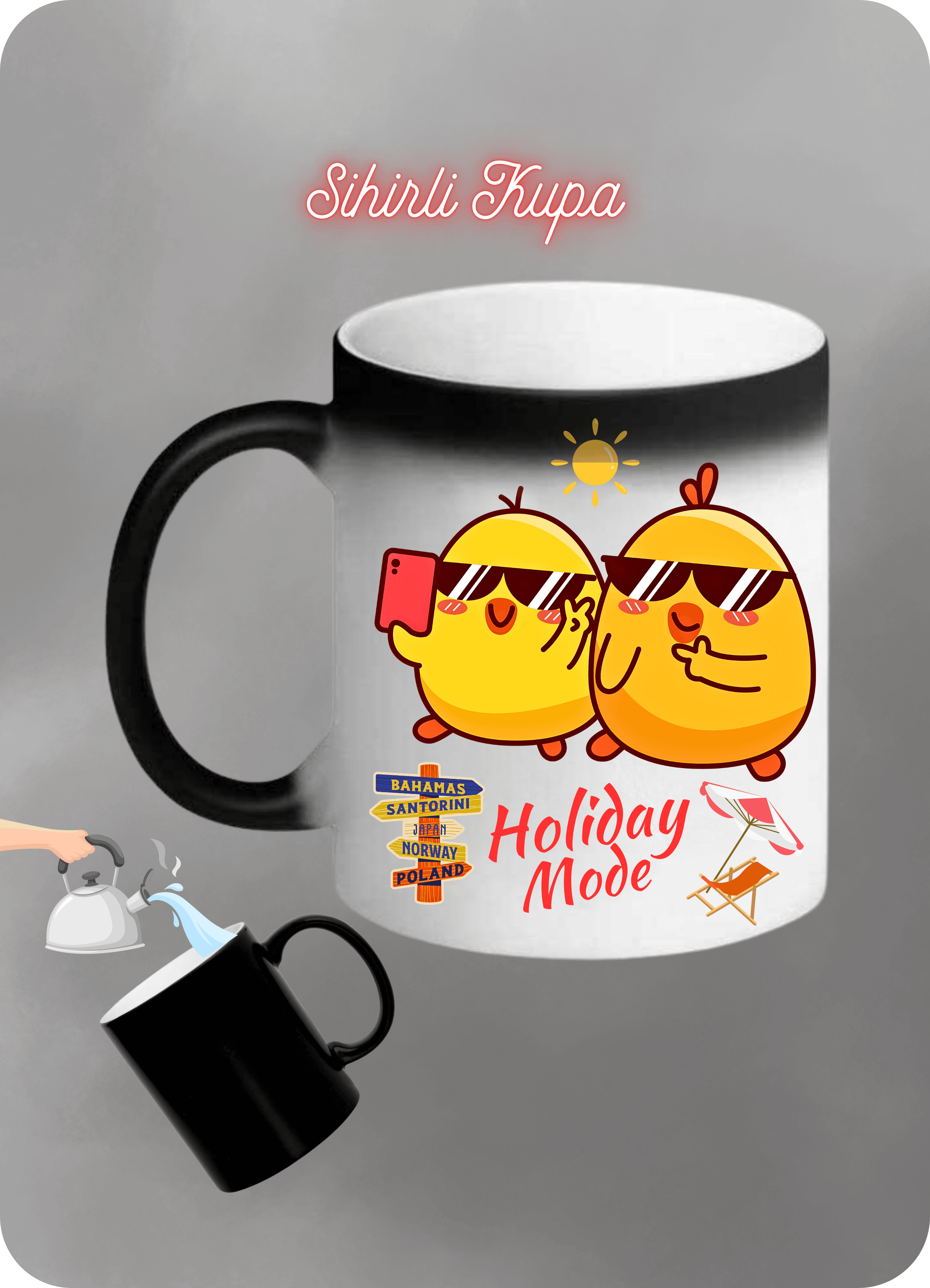 Sarı CivCivler Holiday Mode Baskılı Sihirli Kupa Bardak Çay Kahve Fincanı