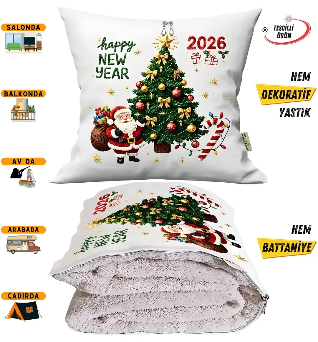 Happy New Year Nakışlı Punch Efekt Baskılı Tv Battaniyesi Olabilen Dekoratif Yastık Battaniye