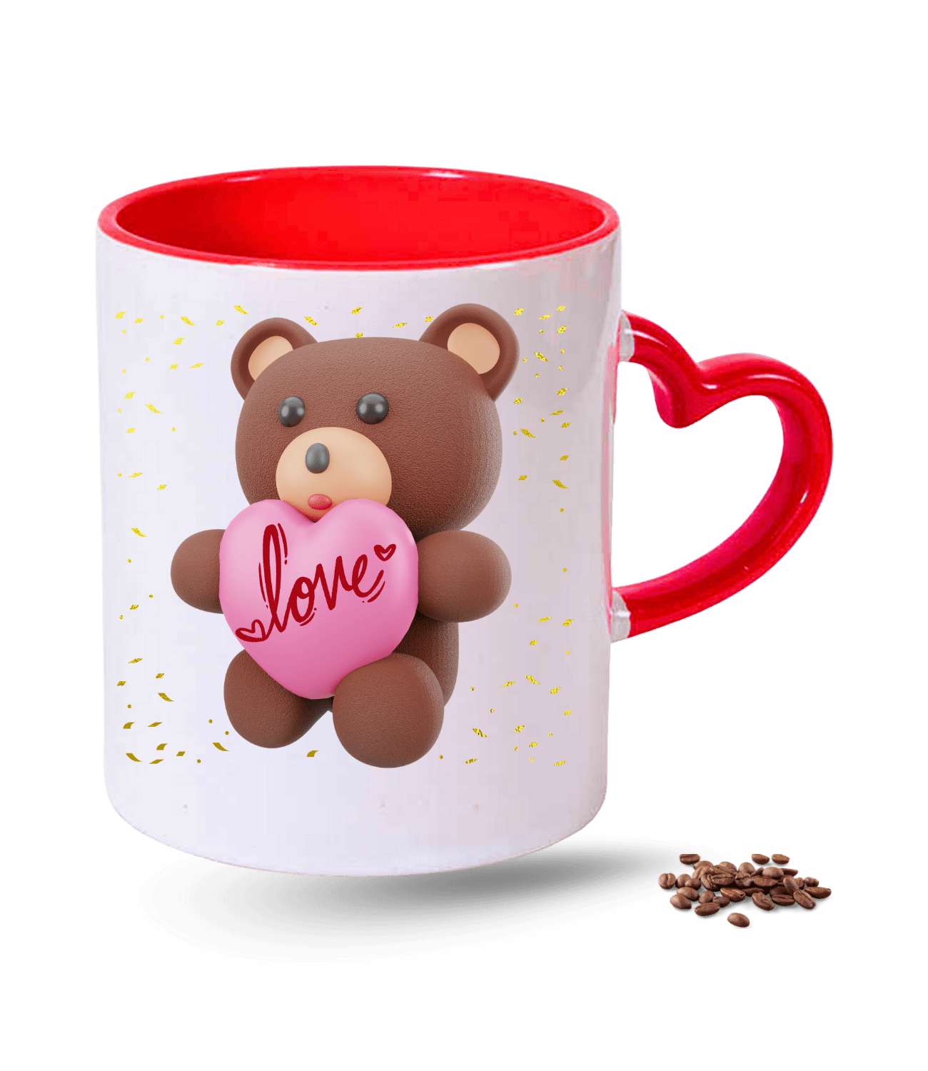 Aşk Temalı Love Ayıcık Baskılı Kırmızı Kalpli Porselen Kupa Bardak