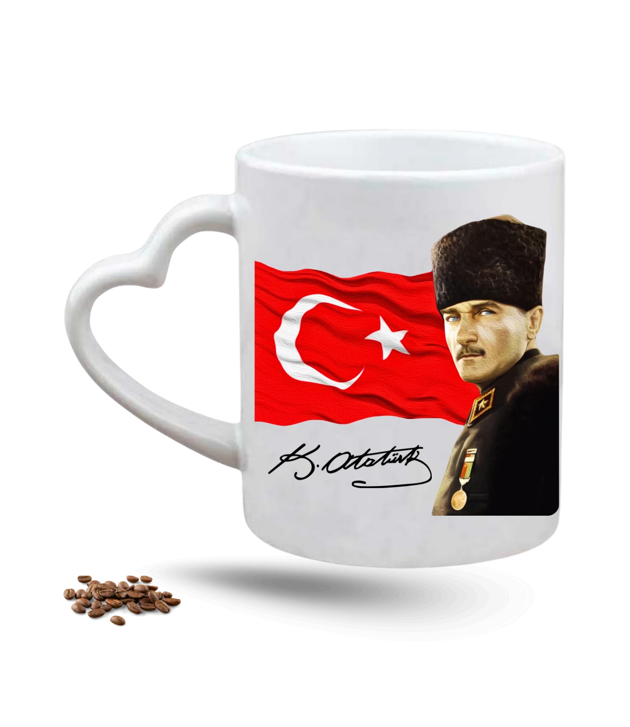 Atatürk İmza Temalı Bayrak Baskılı Porselen Kalp Kulp Kupa Bardak