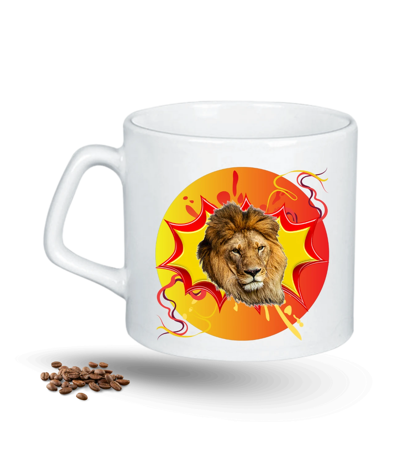 Sarı Kırmızılı Arslan Temalı Aslan Baskılı Porselen Afilli Kupa Bardak