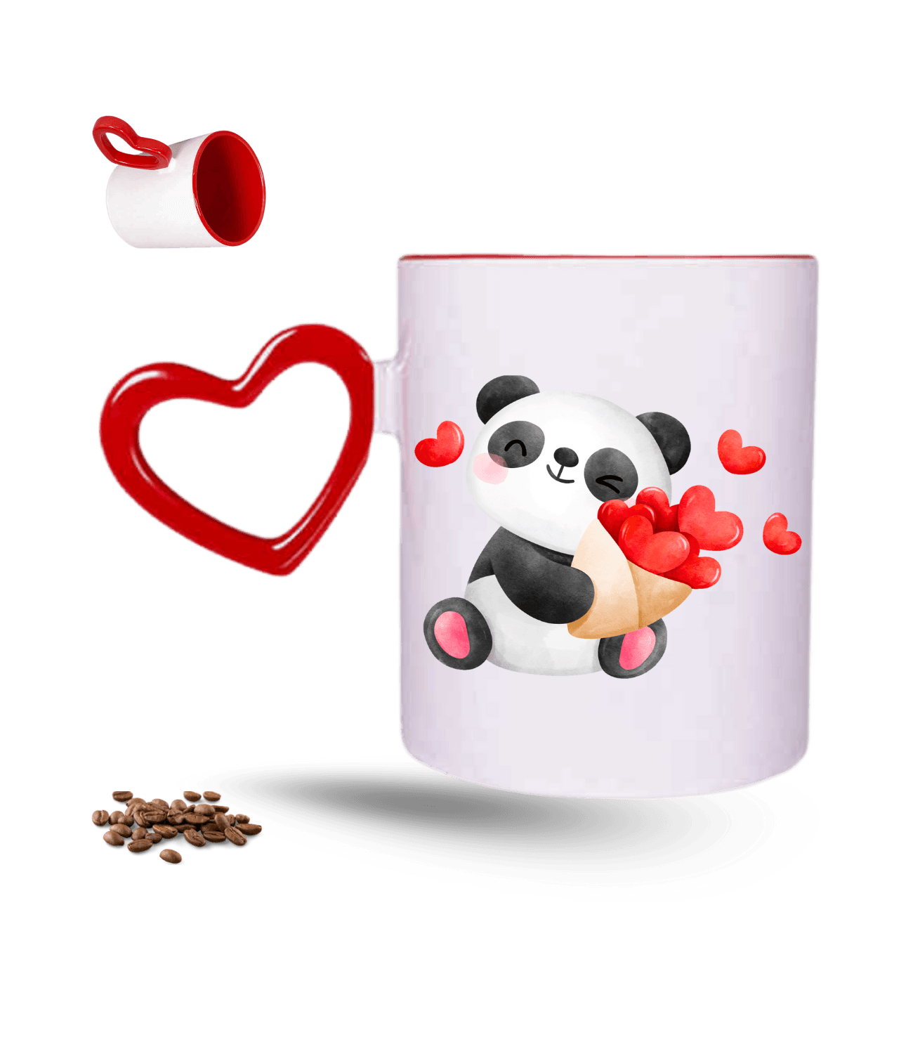 Aşk Temalı Kalpli Panda Baskılı Kırmızı Kalpli Porselen Kupa Bardak