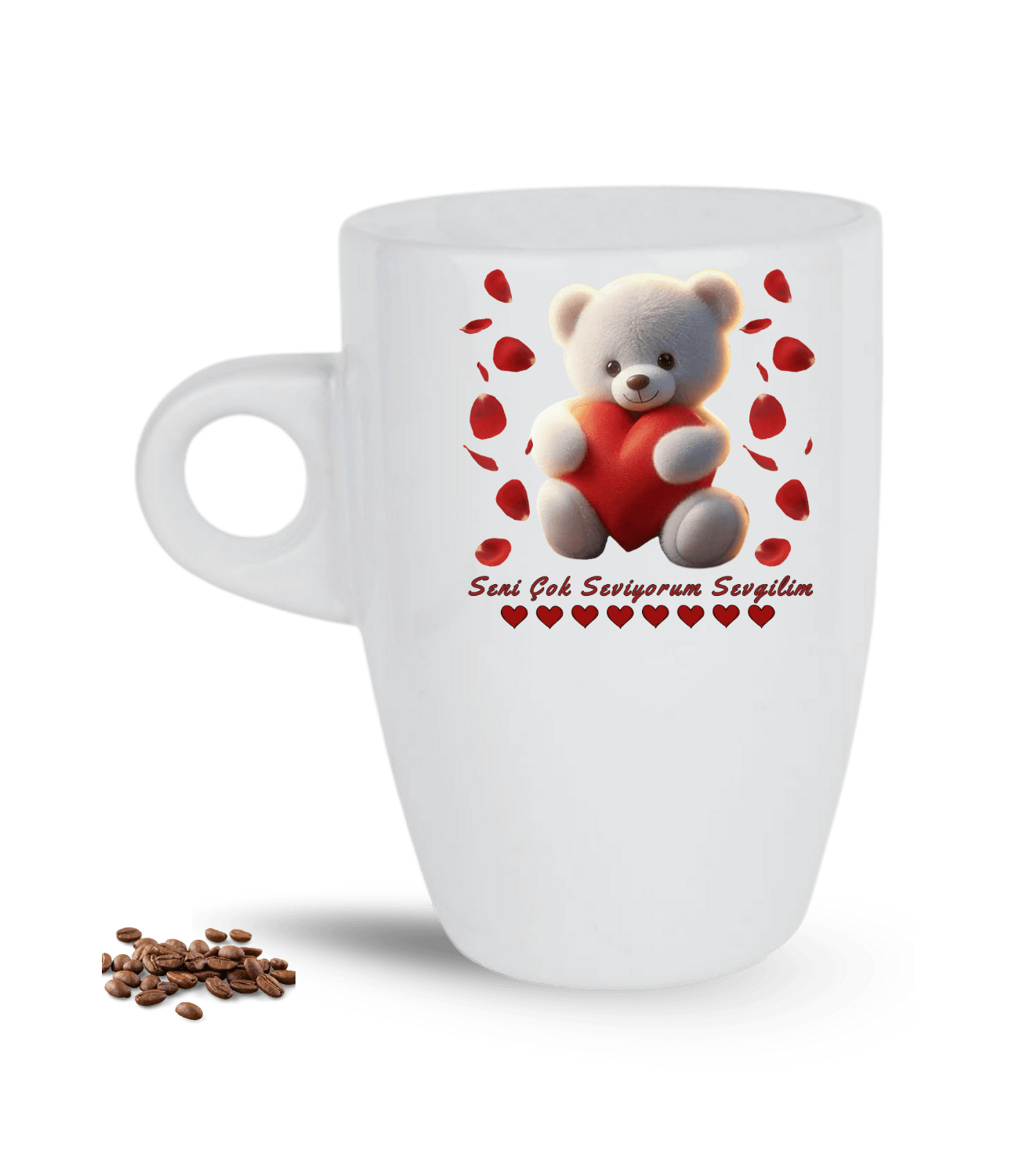 Ayıcık Seni Seviyorum Kalp Gül Baskılı Porselen Latte Kupa Bardak