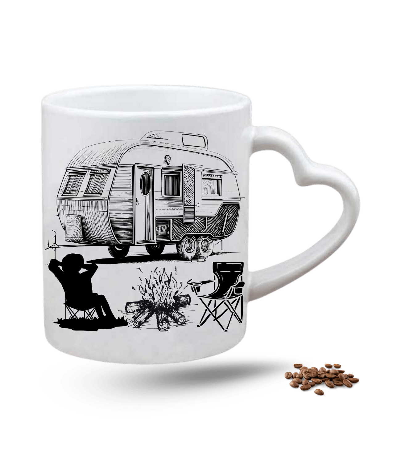 Camping Temalı Karavan Baskılı Porselen Kalp Kulp Kupa Bardak