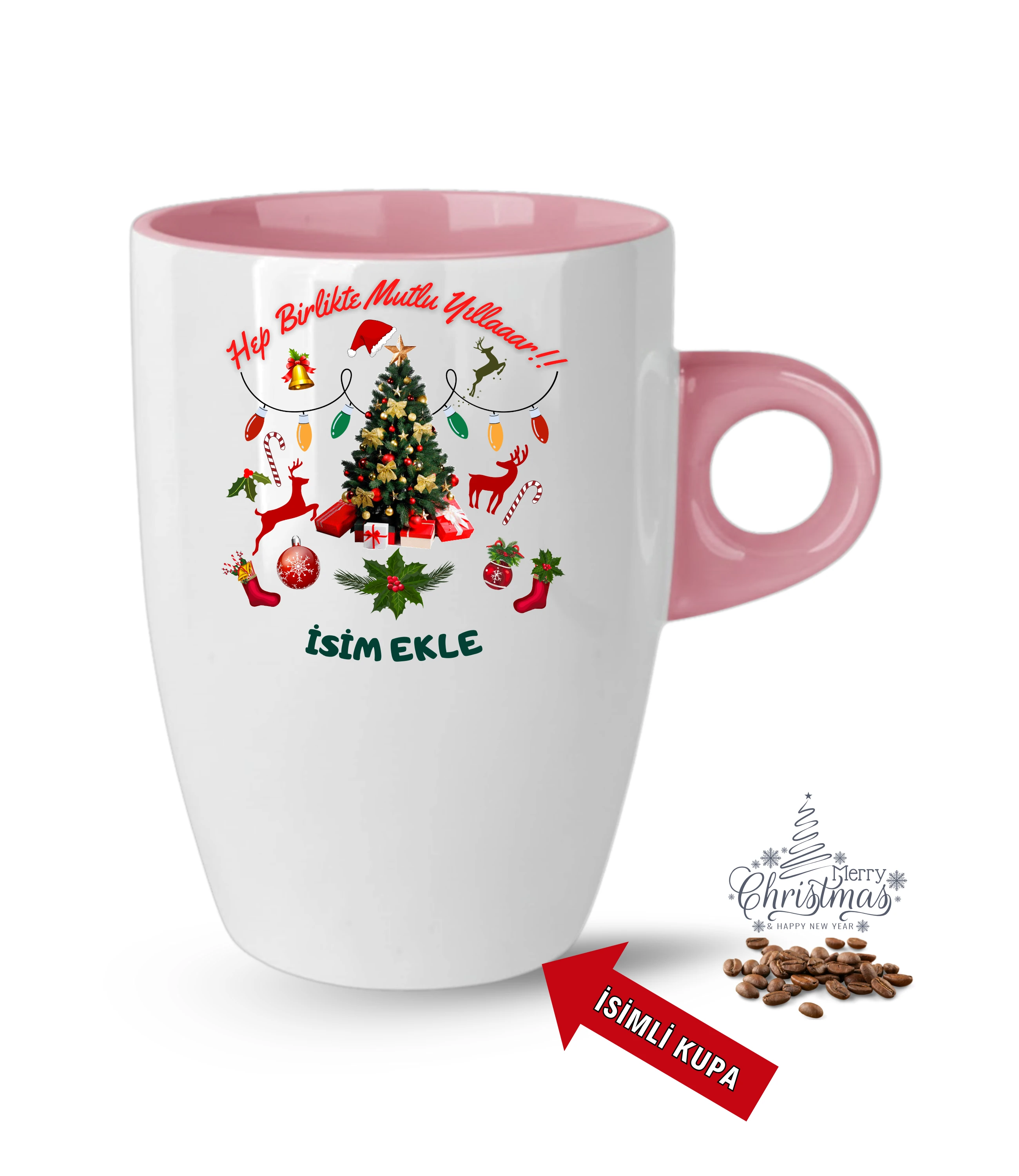 Yılbaşı Hediyesi Mutlu Yıllar Çam Ağacı İsimli Baskılı Porselen Latte Kupa Bardak