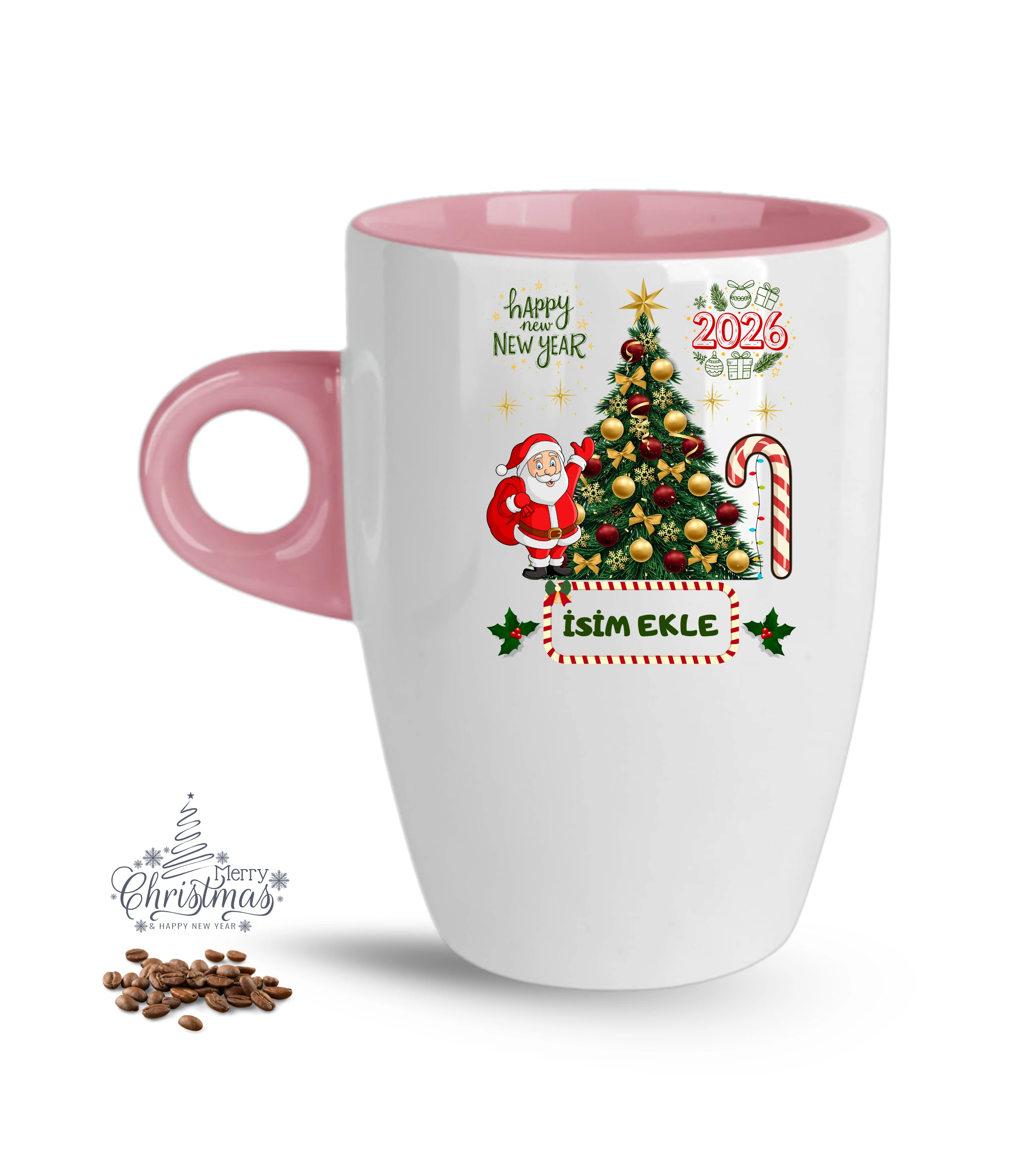 Yılbaşı Hediyesi Christmas Çam Ağacı İsimli Baskılı Porselen Latte Kupa Bardak