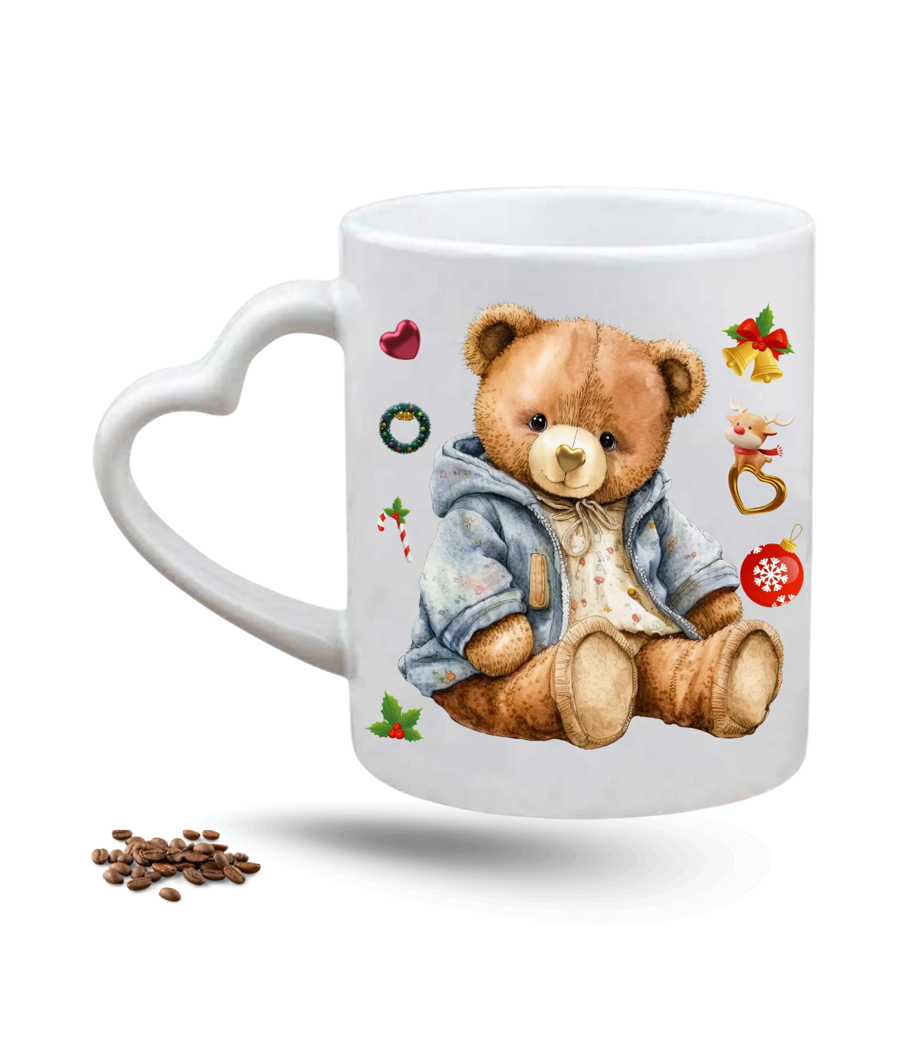 Noel Temalı Yılbaşı Teddy Ayıcık Baskılı Porselen Kalp Kulp Kupa Bardak