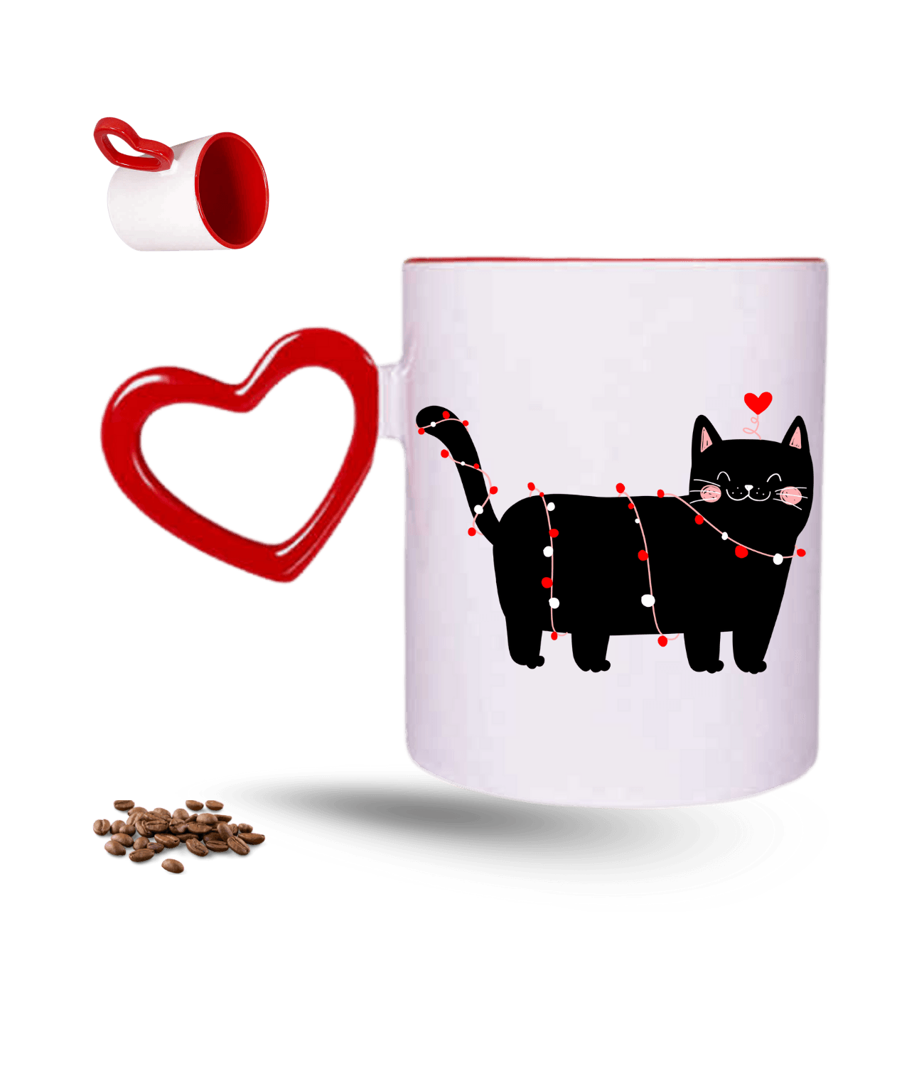 Partici Kedi Temalı Kedi Sever Baskılı Kırmızı Kalpli Porselen Kupa Bardak