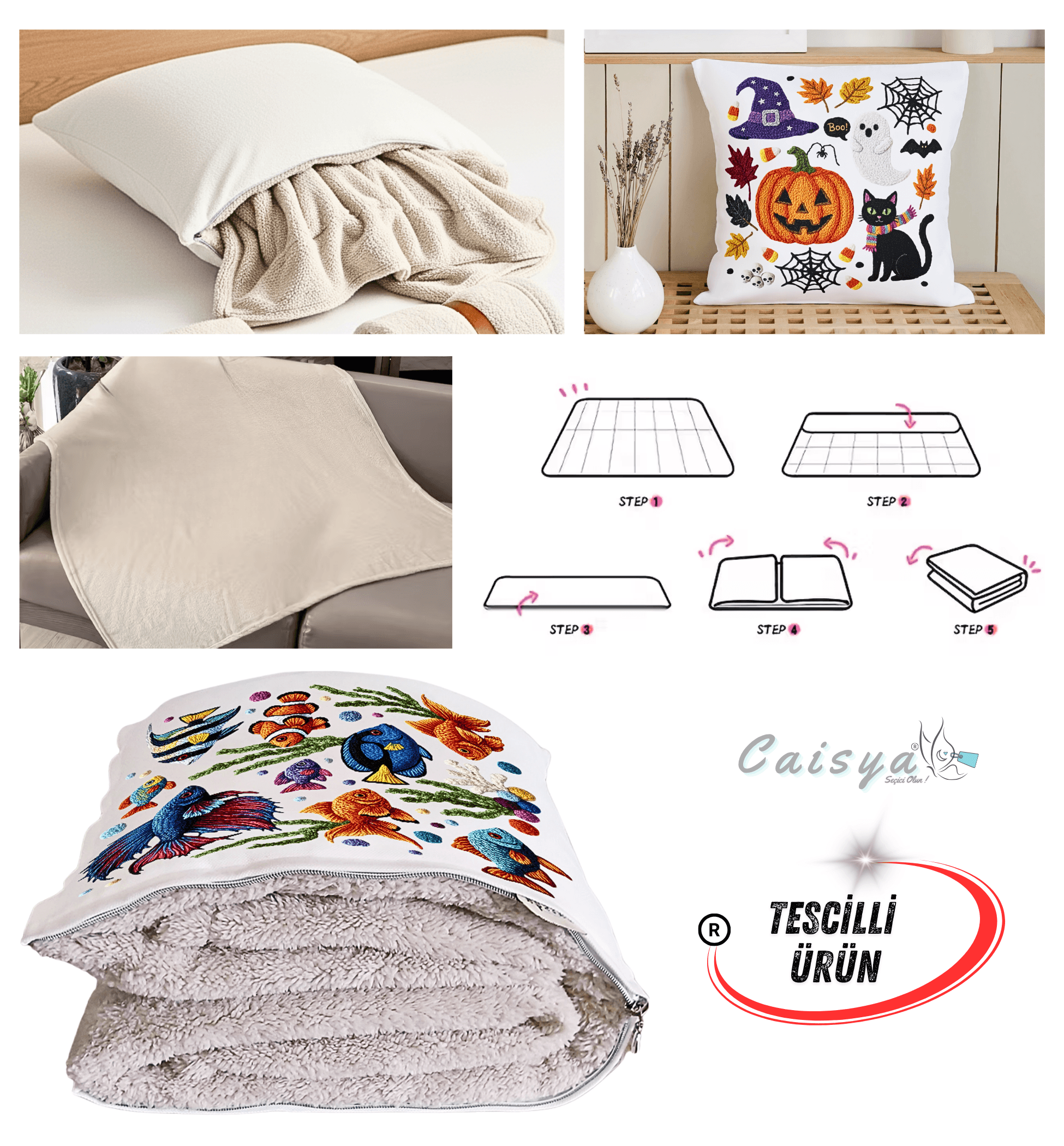 Nakışlı Punch Efektli Balıklar Baskılı Tv Battaniyesi Olabilen Dekoratif Yastık Kırlent Battaniye