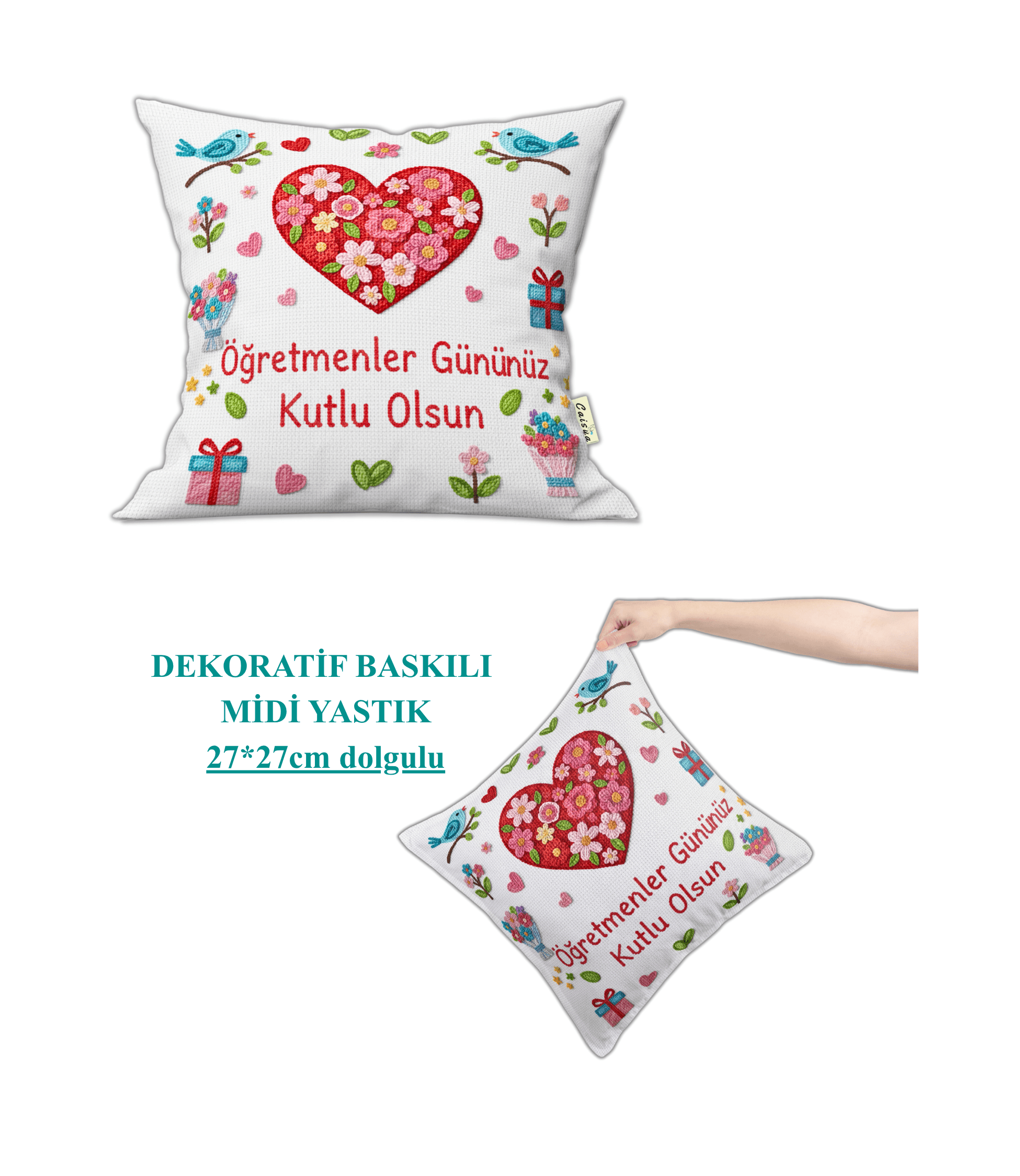 Öğretmenler Günü Temalı Dekoratif Midi Yastık Kırlent 27x27cm Dolgulu-1