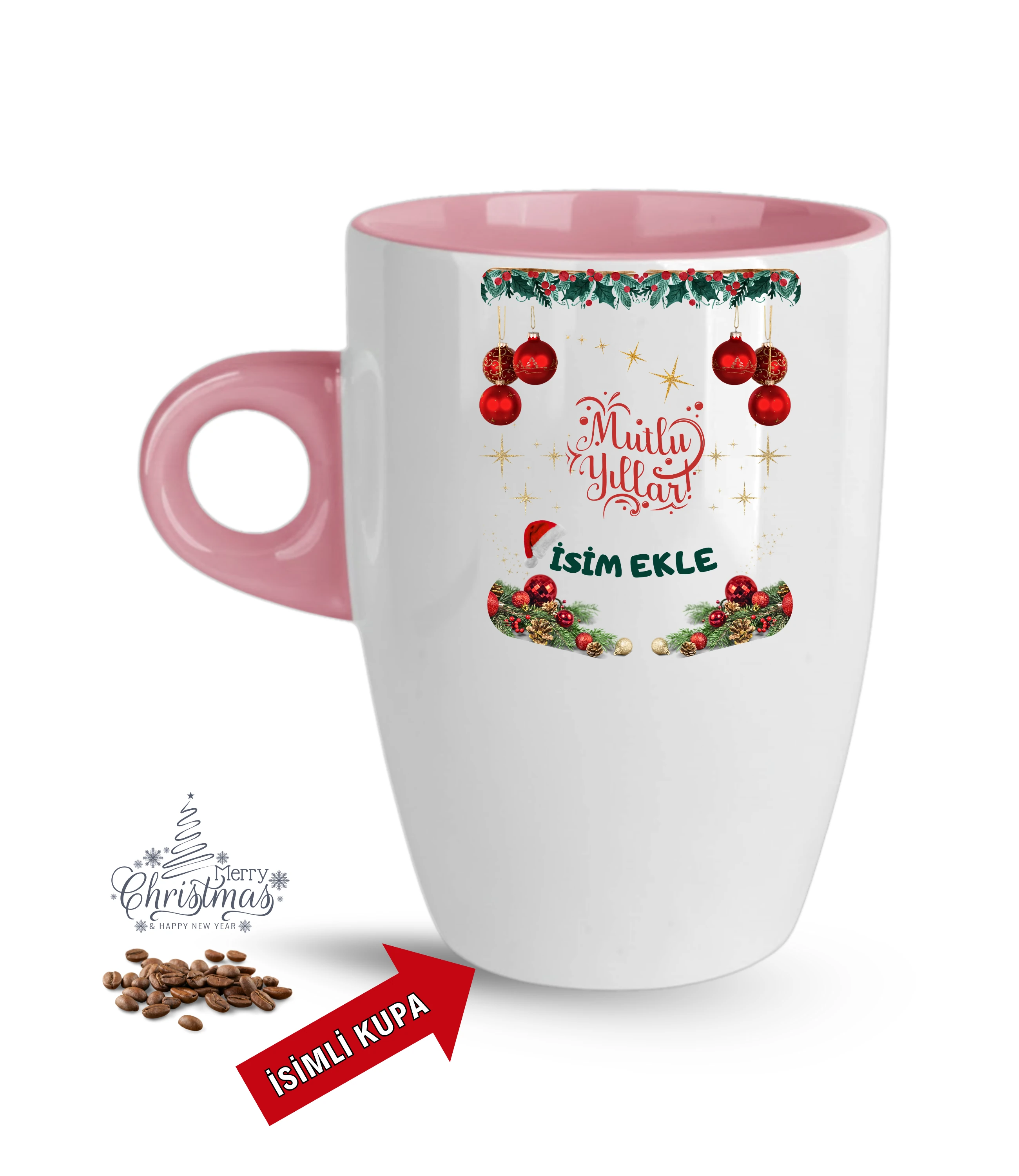 Yılbaşı Hediyesi Mutlu Yıllar Christmas İsimli Baskılı Porselen Latte Kupa Bardak