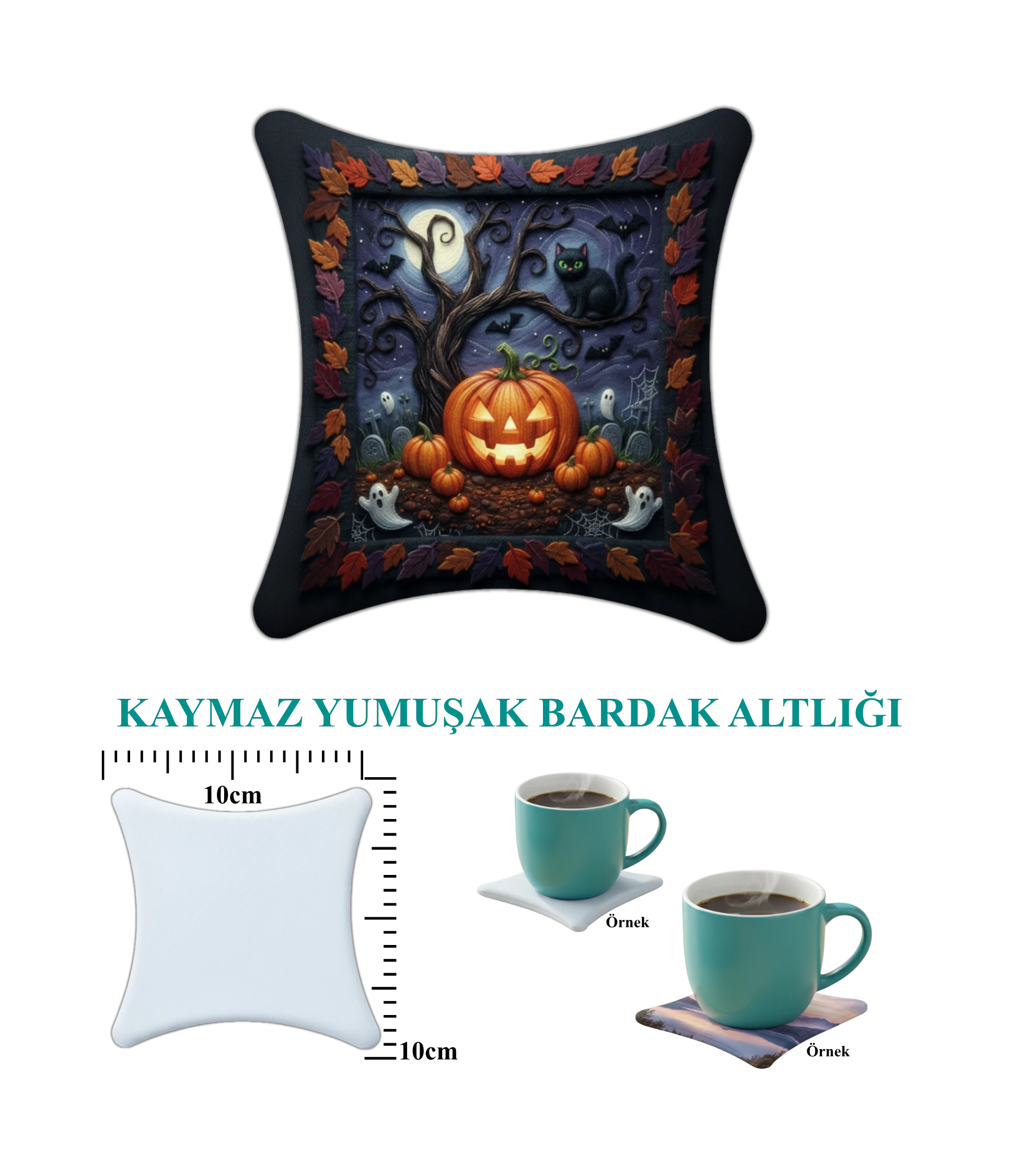 Cadılar Bayramı Temalı Baskılı Kaymaz Bardak Altlığı