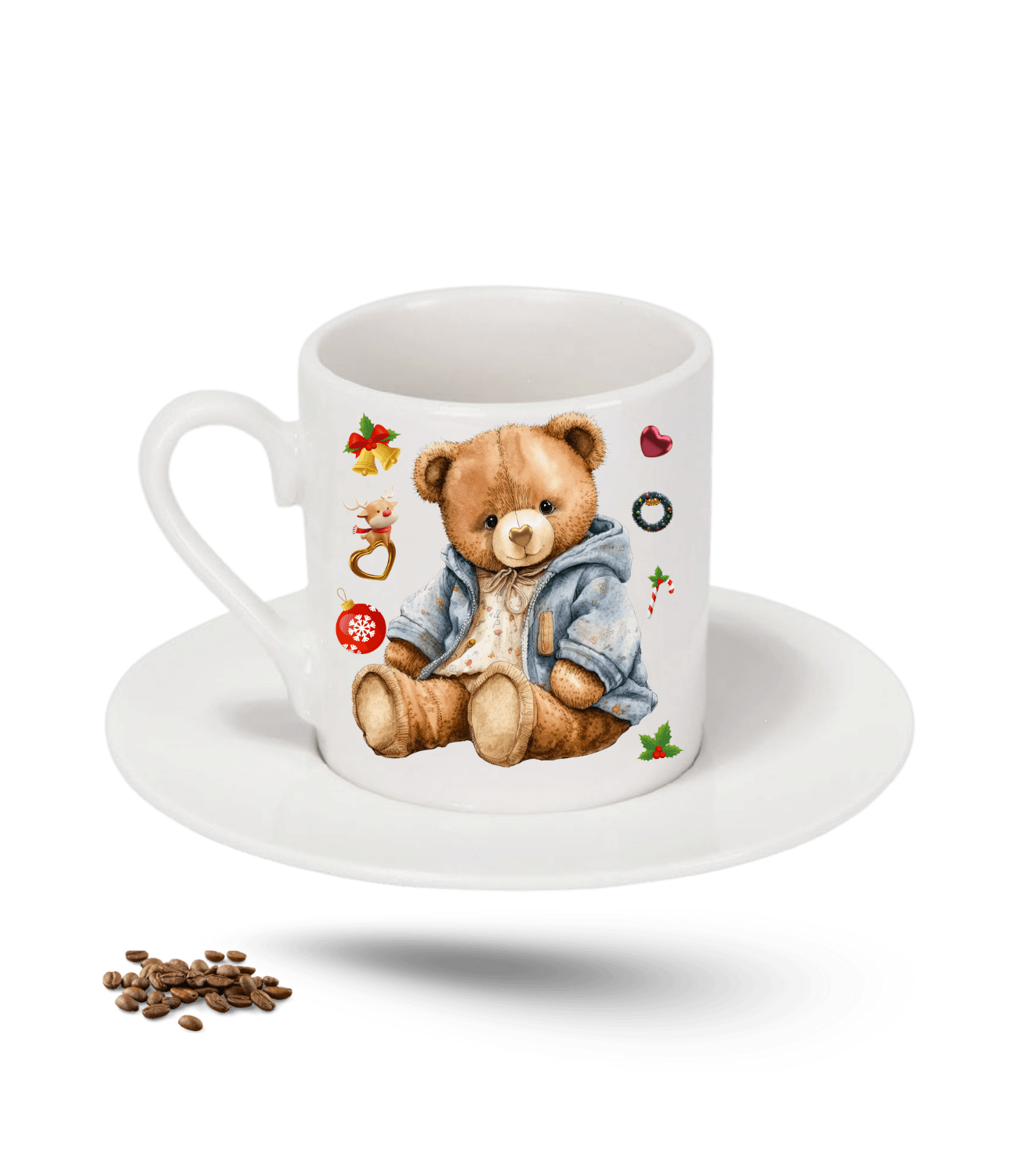 Noel Temalı Yılbaşı Teddy Ayıcık Baskılı Porselen Türk Kahvesi Fincanı Tekli