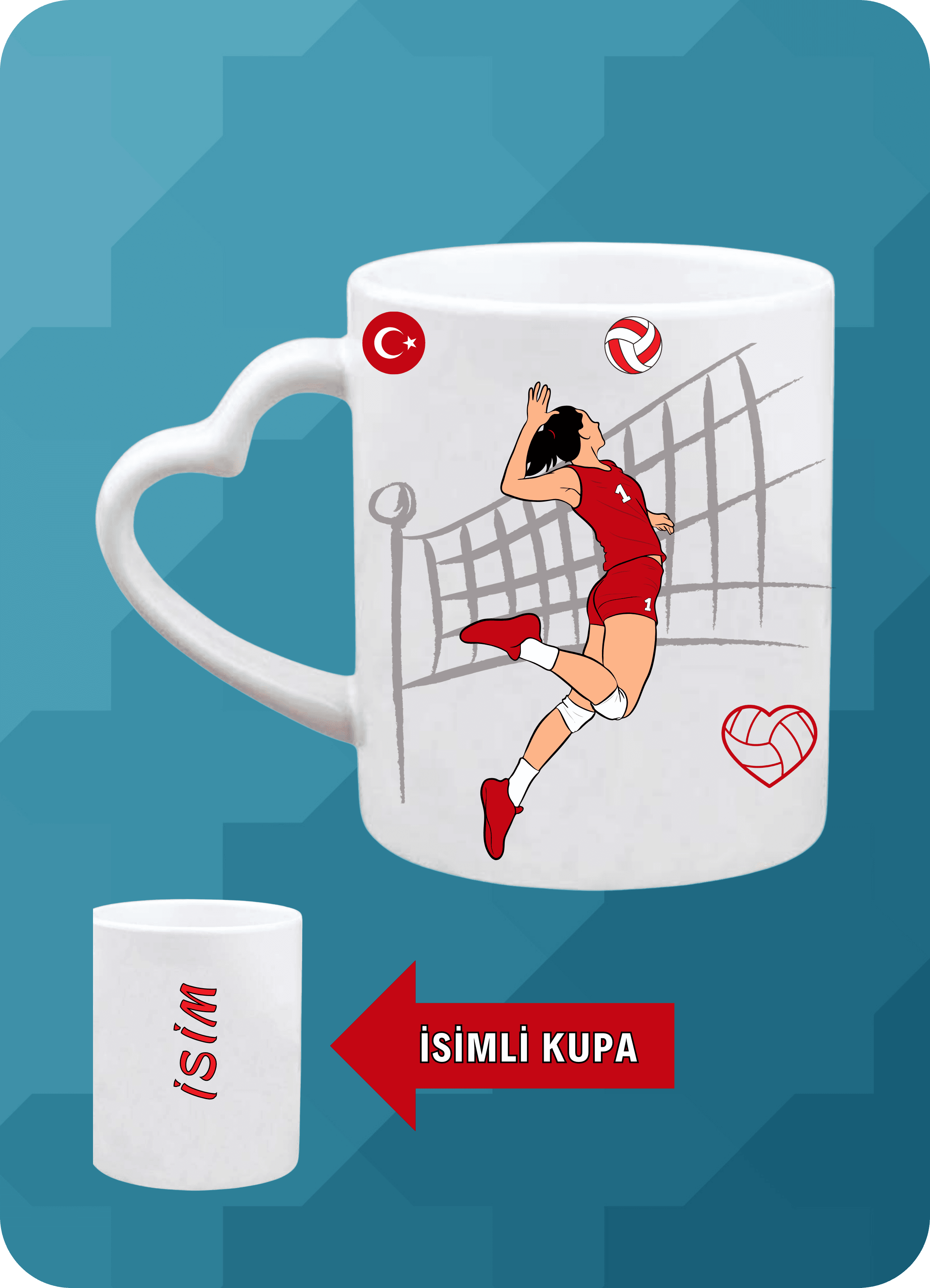 Voleybol Temalı Kadın Voleybolcu Kalpli Kulp Kupa Bardak Çay Kahve Fincanı-1