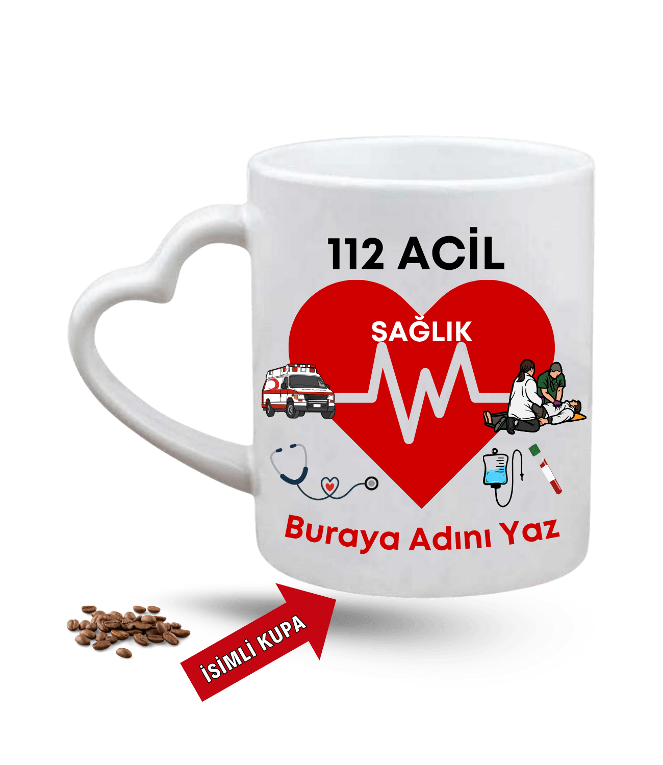 112 Acil Sağlık Temalı İsimli Kupa Baskılı Porselen Kalp Kulp Kupa Bardak