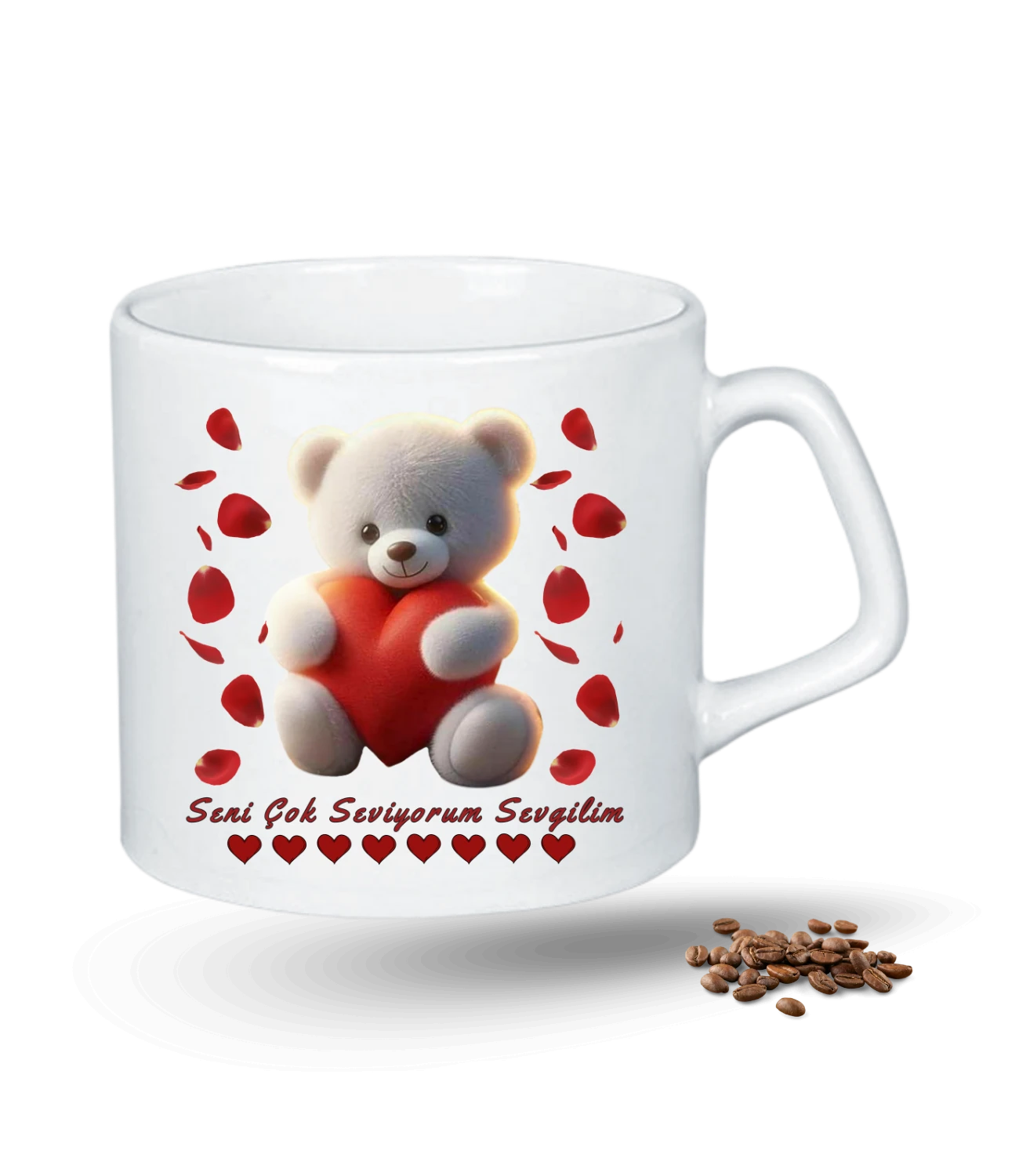 Ayıcık Seni Seviyorum Kalp Gül Baskılı Porselen Afilli Kupa Bardak