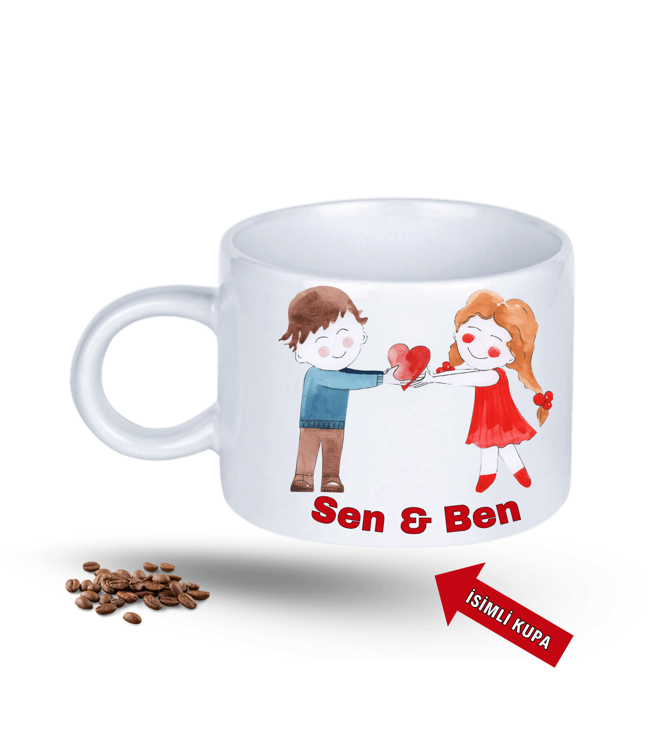 Aşk Temalı Sen ve Ben İsimli Kupa Kalpli Baskılı Porselen Motto Kupa Bardak-2