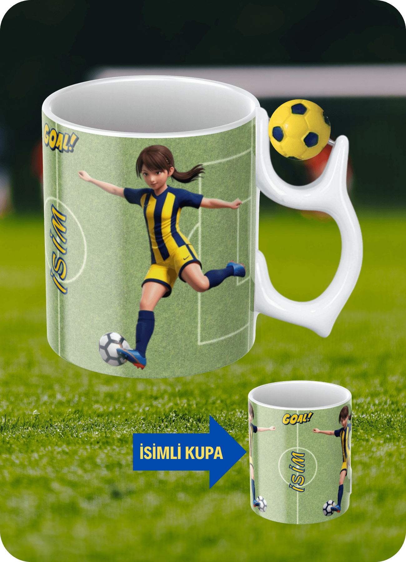 Sarı Lacivert Futbol Toplu Sarı Lacivert Formalı Kadın Futbolcu İsimli Taraftar Kupa Bardak Çay Kahve Fincanı