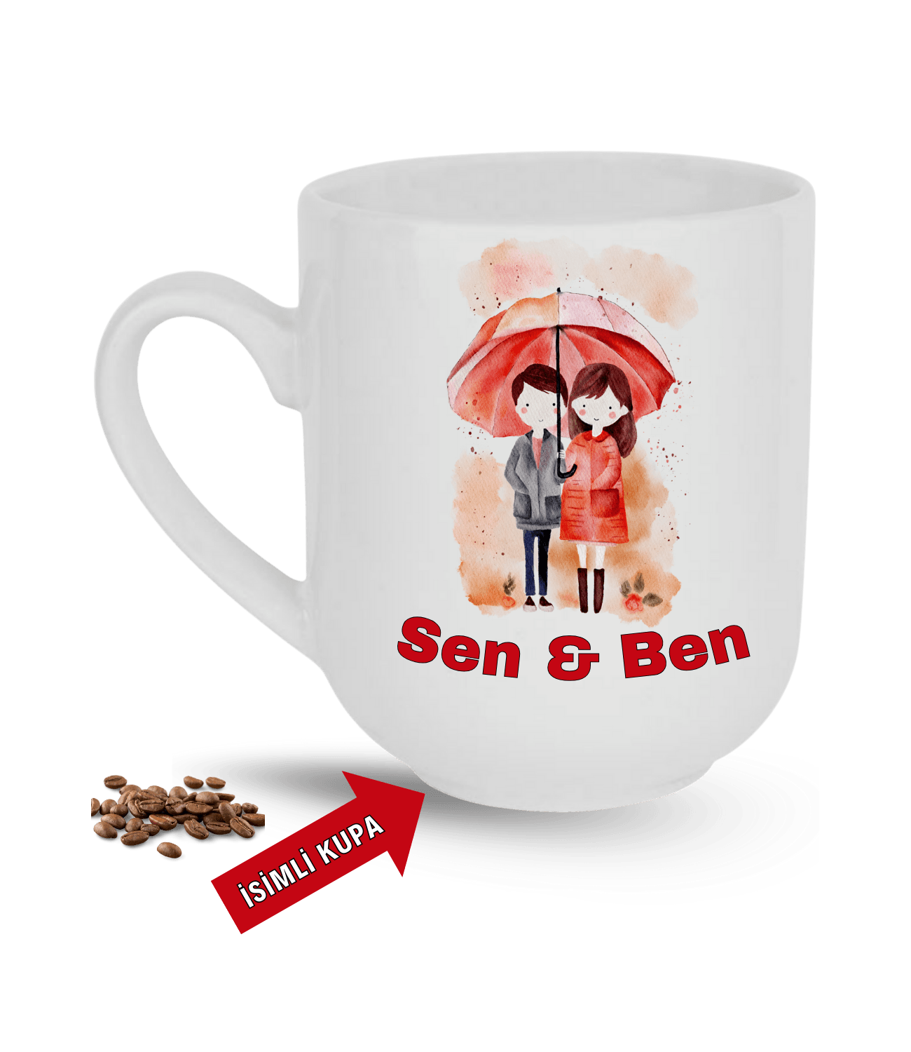 Aşk Temalı Sen ve Ben İsimli Kupa Kalpli Baskılı Elit Lüx Porselen Kupa Bardak-4