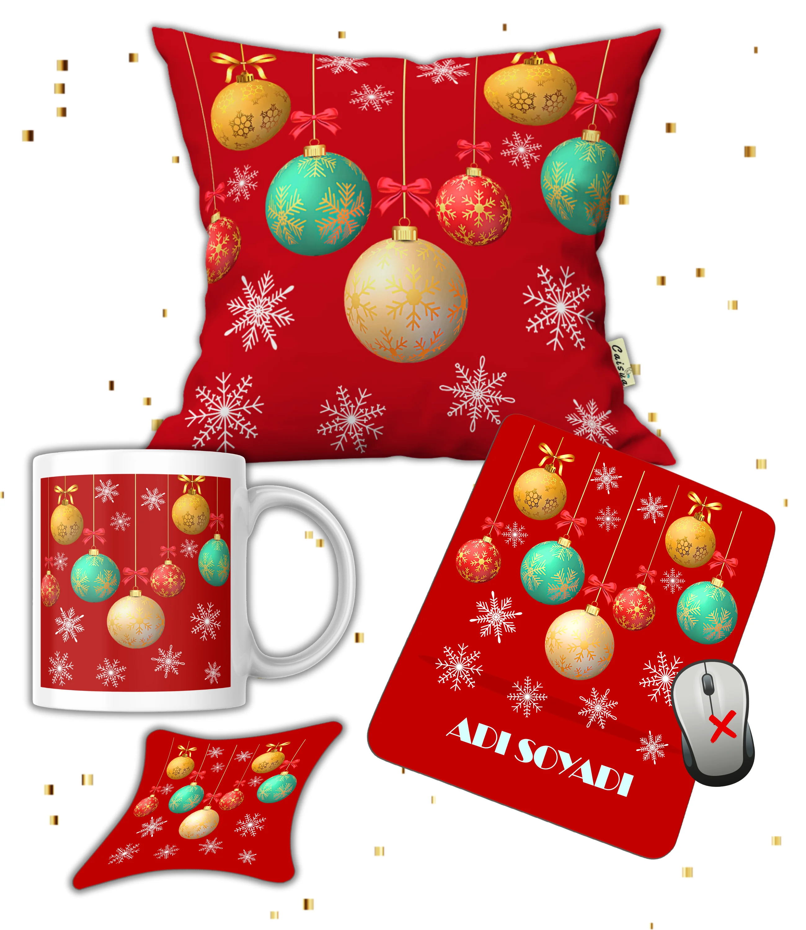 Yılbaşı Hediye Seti Noel Süsleri Baskılı Kupa Yastık İsimli Mause Ped Bardak Altlığı