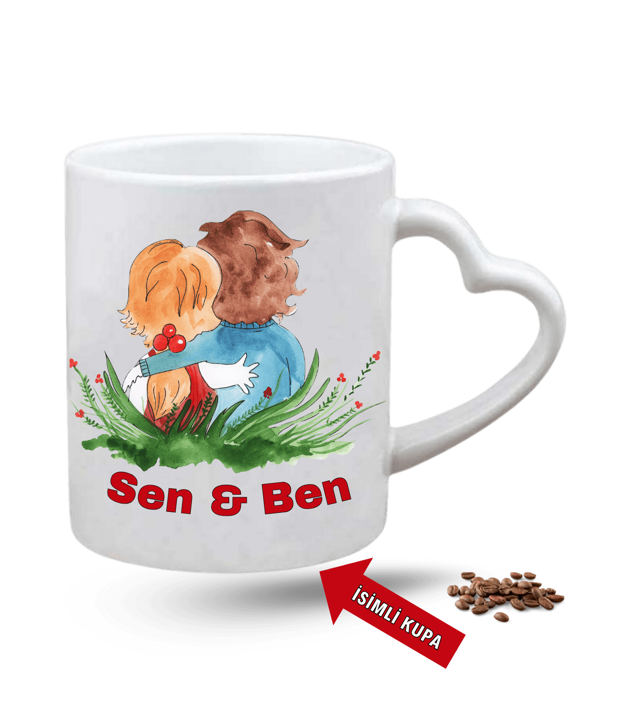 Aşk Temalı Sen ve Ben İsimli Kupa Kalpli Baskılı Porselen Kalp Kulp Kupa Bardak-3