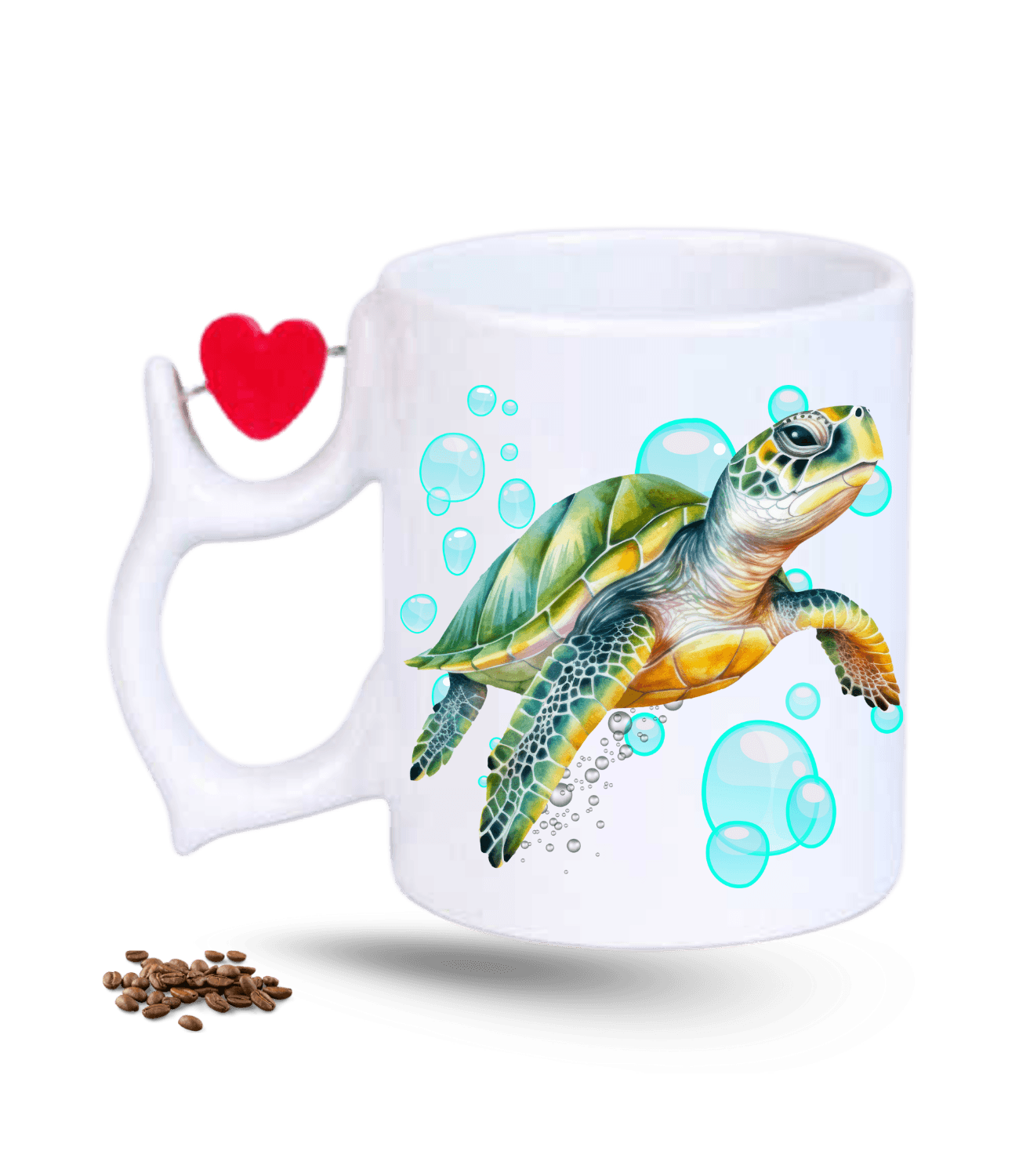 Caretta Su Kaplumbağa Baskılı Porselen Dönen Kalp Figürlü Kupa Bardak