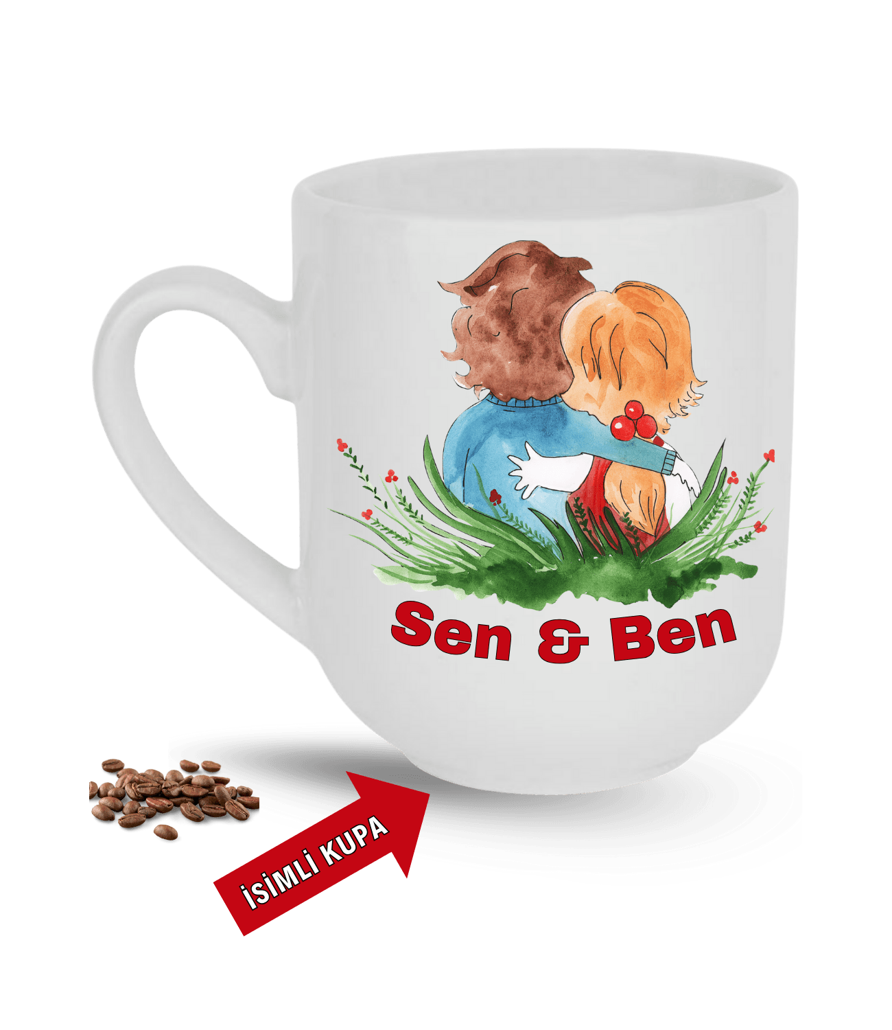Aşk Temalı Sen ve Ben İsimli Kupa Kalpli Baskılı Elit Lüx Porselen Kupa Bardak-3