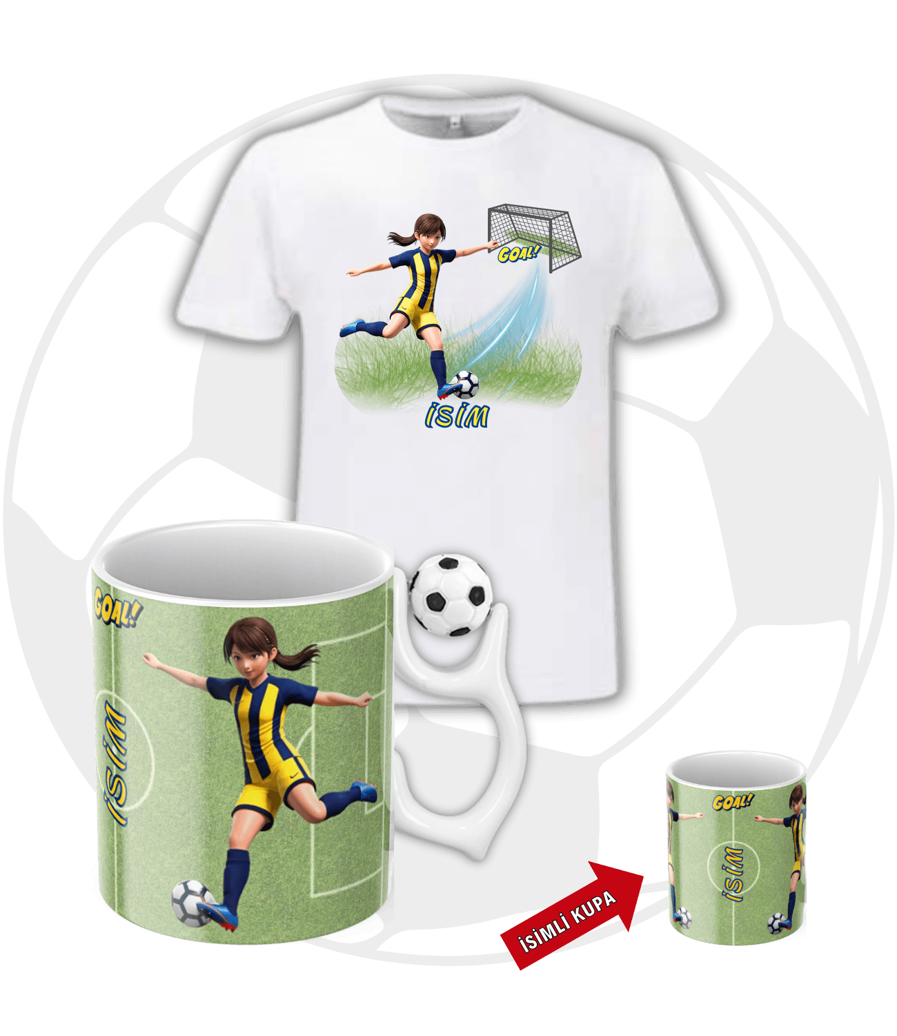 Sarı Lacivert Kadın Futbolcu Futbol Toplu Kupa + Baskılı Pamuklu Tişört Kombin