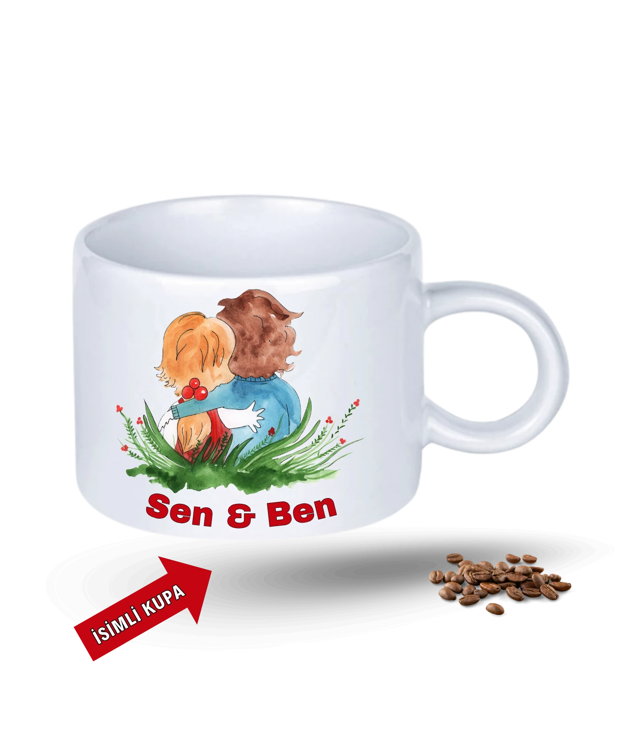 Aşk Temalı Sen ve Ben İsimli Kupa Kalpli Baskılı Porselen Motto Kupa Bardak-3