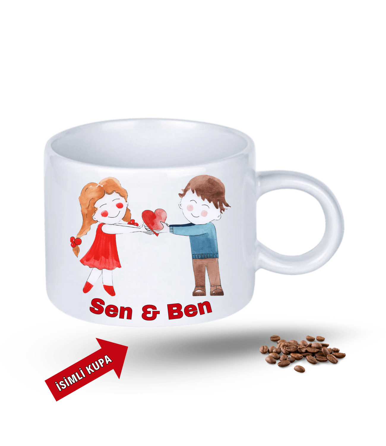 Aşk Temalı Sen ve Ben İsimli Kupa Kalpli Baskılı Porselen Motto Kupa Bardak-2