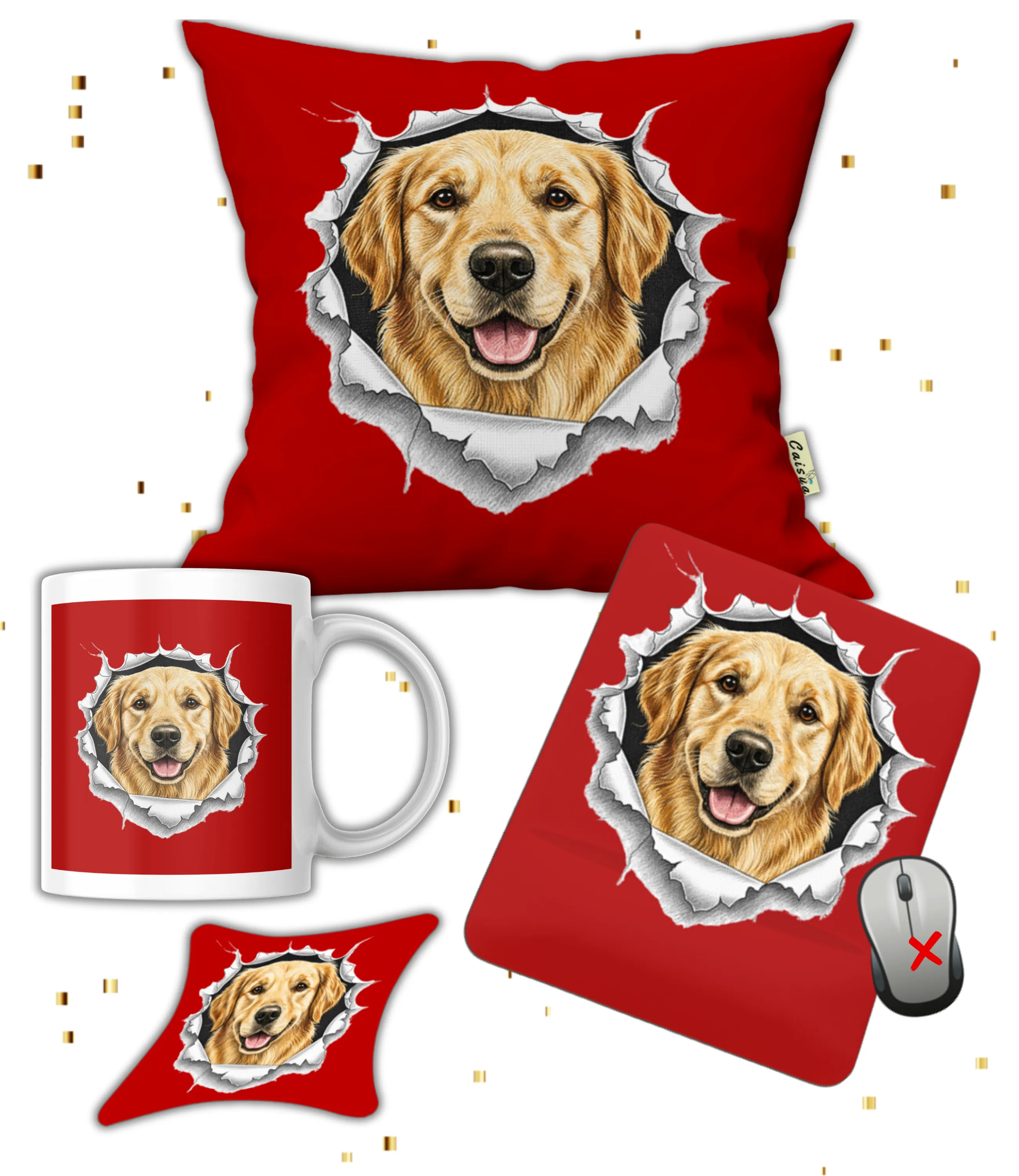 Köpek Sever Hediye Seti Golden Retriever Temalı Baskılı Kupa Yastık İsimli Mause Ped Bardak Altlığı