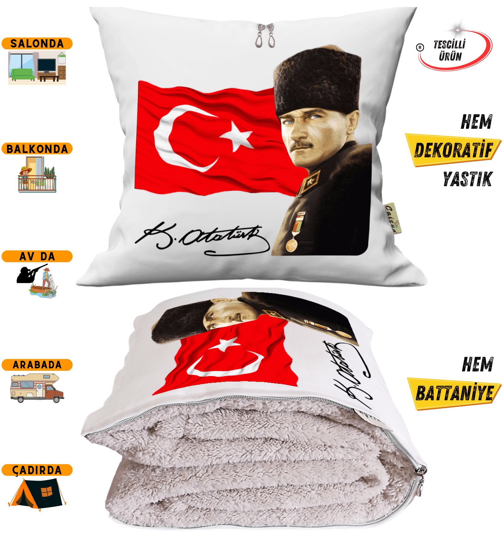 Atatürk İmzalı Bayrak Baskı Tv Battaniyeli Opsiyonel Dekoratif Yastık Kırlent 2 in 1 Battaniye