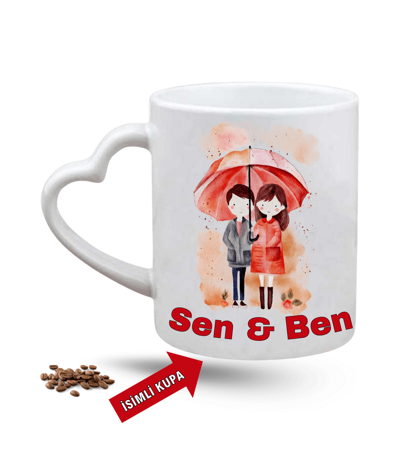 Aşk Temalı Sen ve Ben İsimli Kupa Kalpli Baskılı Porselen Kalp Kulp Kupa Bardak-4