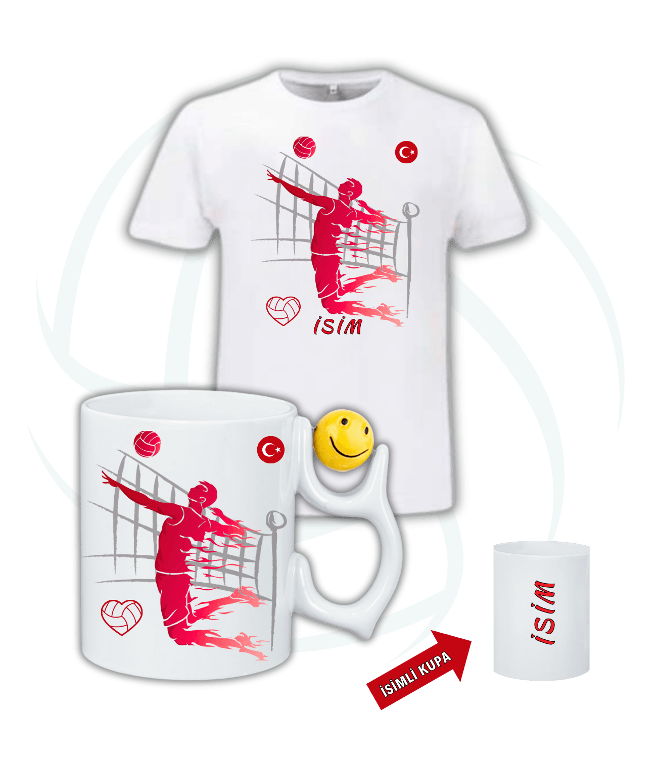 Voleybol Temalı Erkek Oyunculu Smaç Baskı Emoji Kupa + Baskılı Pamuklu Tişört Kombin