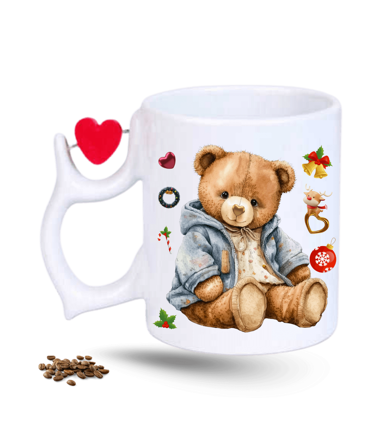Noel Temalı Yılbaşı Teddy Ayıcık Baskılı Porselen Dönen Kalp Figürlü Kupa Bardak