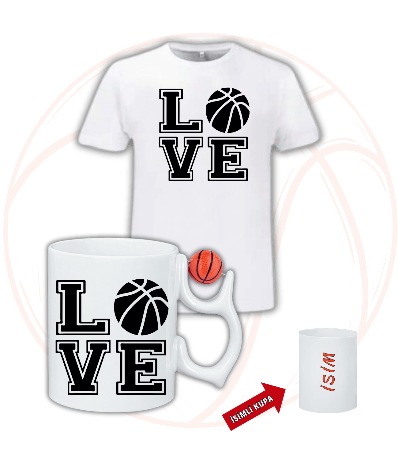 Basketbol Temalı Love Basketbol Toplu Kupa + Baskılı Pamuklu Tişört Kombin